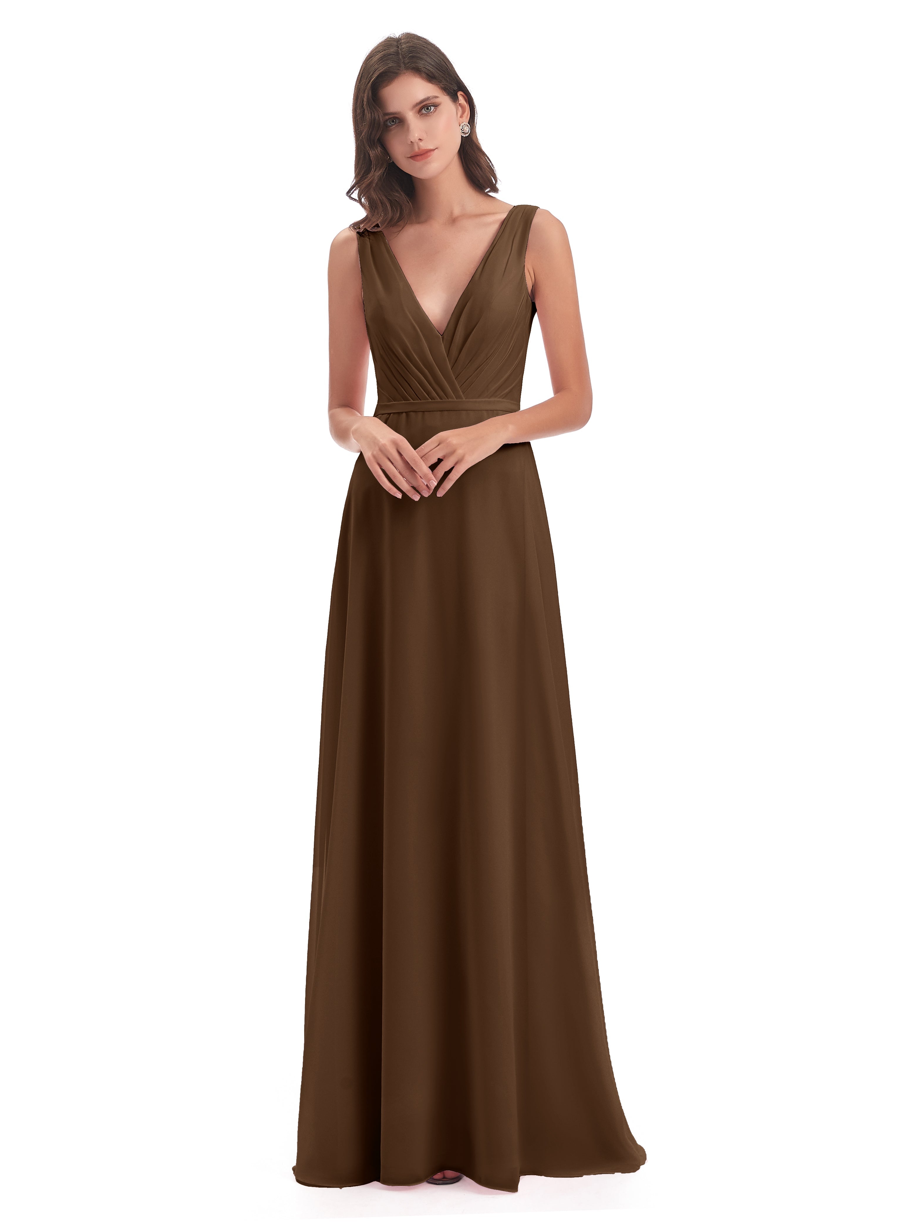 Robes De Demoiselle D'Honneur Brun Col V Mousseline Longue Robes Demoiselle D'Honneur