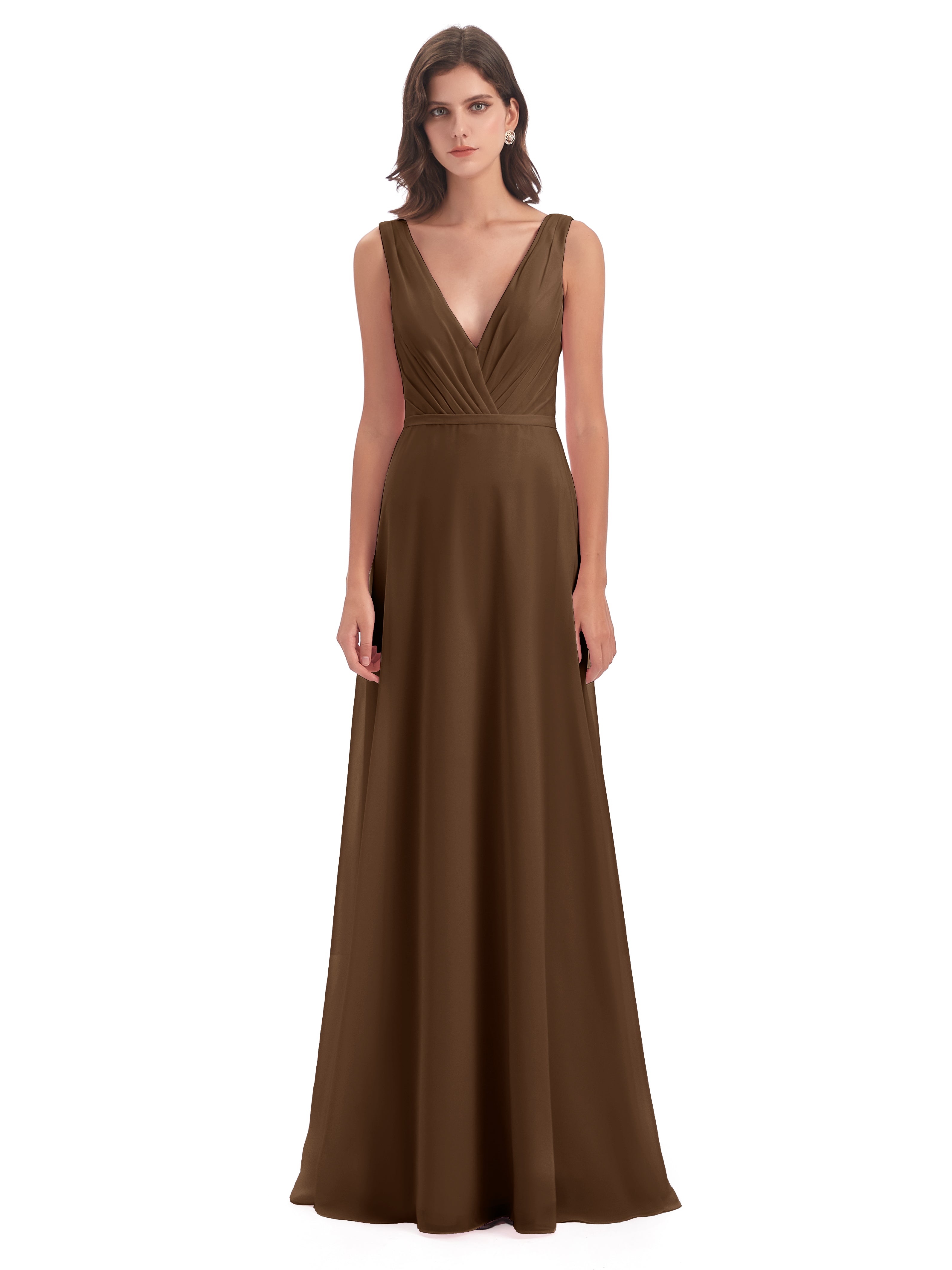 Robes De Demoiselle D'Honneur Brun Col V Mousseline Longue Robes Demoiselle D'Honneur