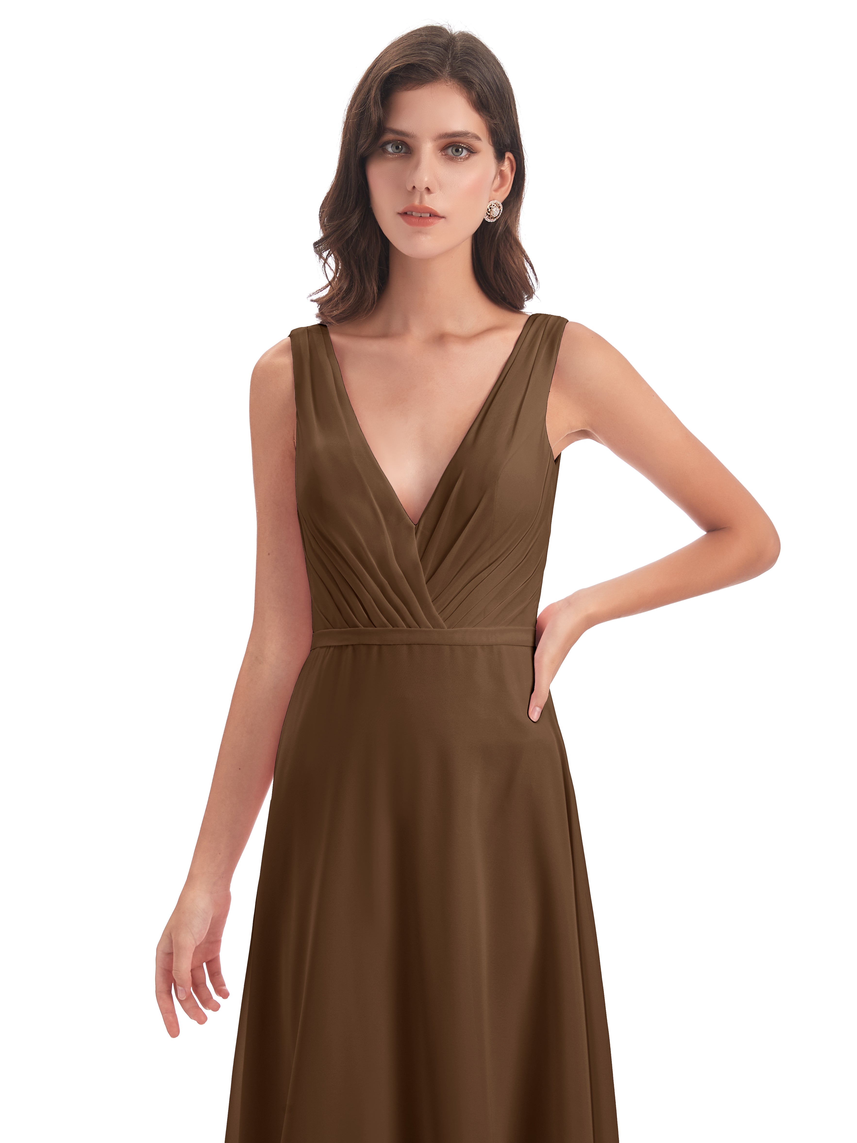 Robes De Demoiselle D'Honneur Brun Col V Mousseline Longue Robes Demoiselle D'Honneur