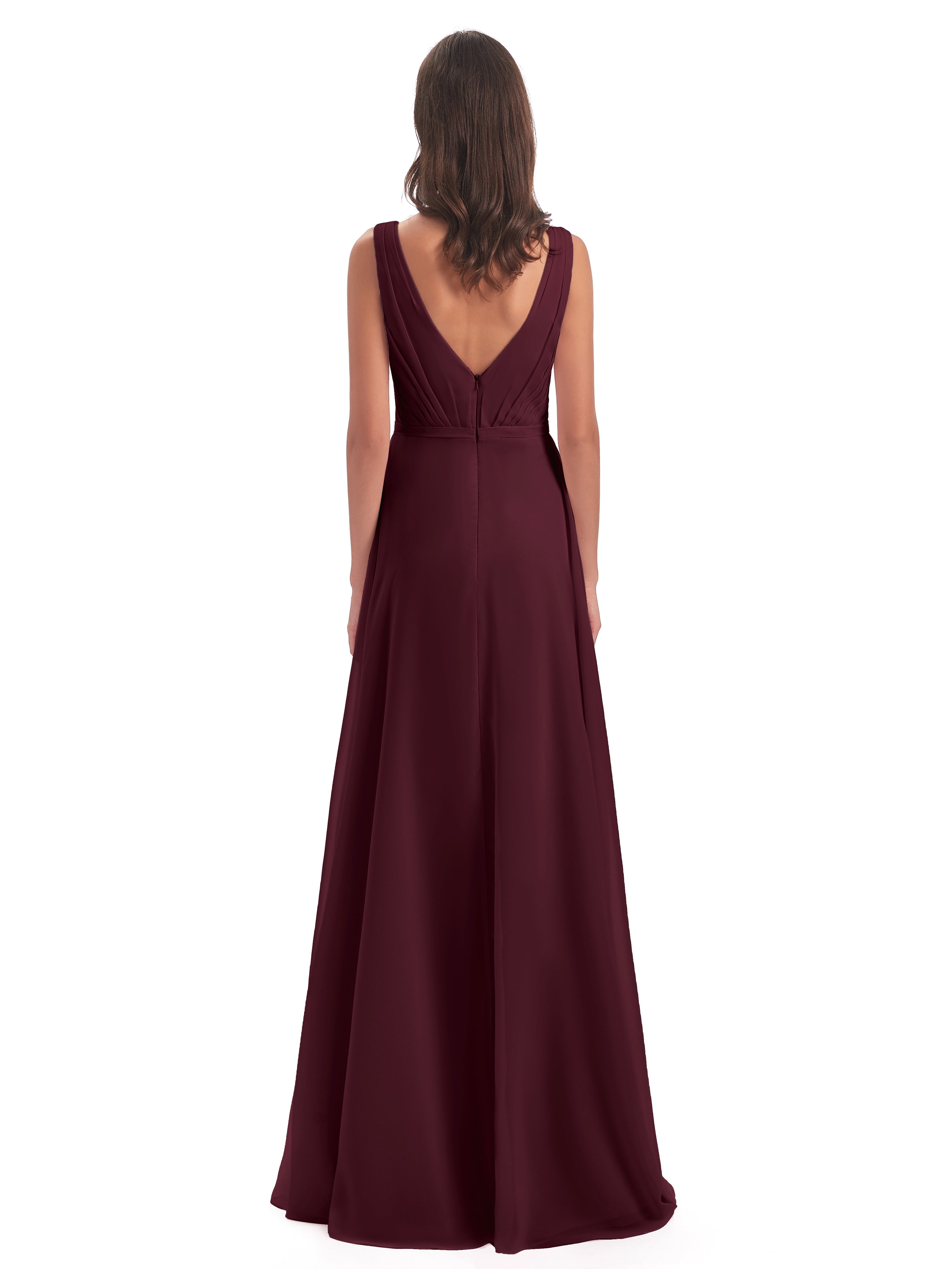 Robes De Demoiselle D'Honneur Cabernet Col V Mousseline Longue Robes Demoiselle D'Honneur