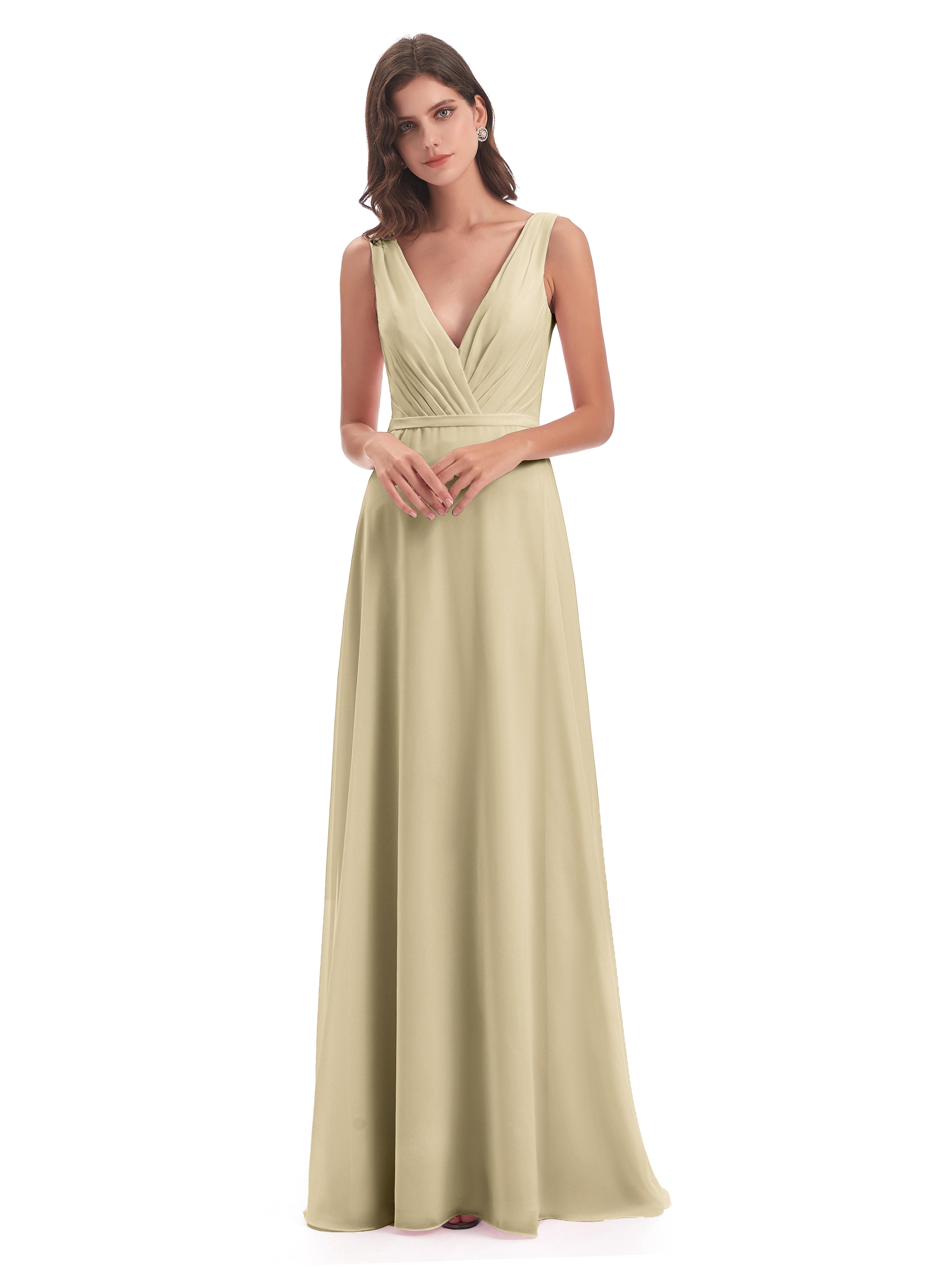 Robe De Demoiselle D Honneur Couleur Champagne Col V Mousseline Longue Robes Demoiselle D'Honneur