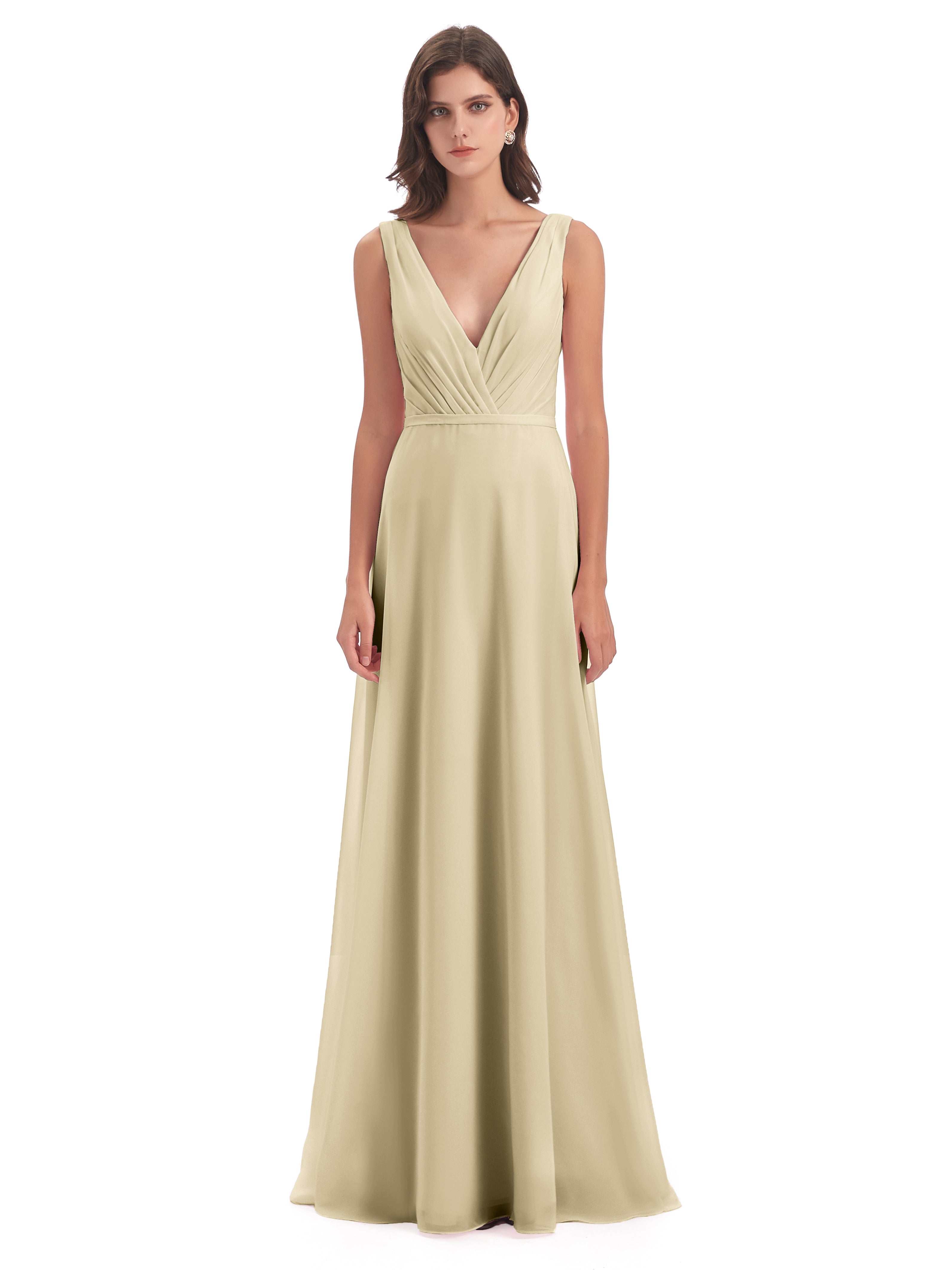 Robe De Demoiselle D Honneur Couleur Champagne Col V Mousseline Longue Robes Demoiselle D'Honneur