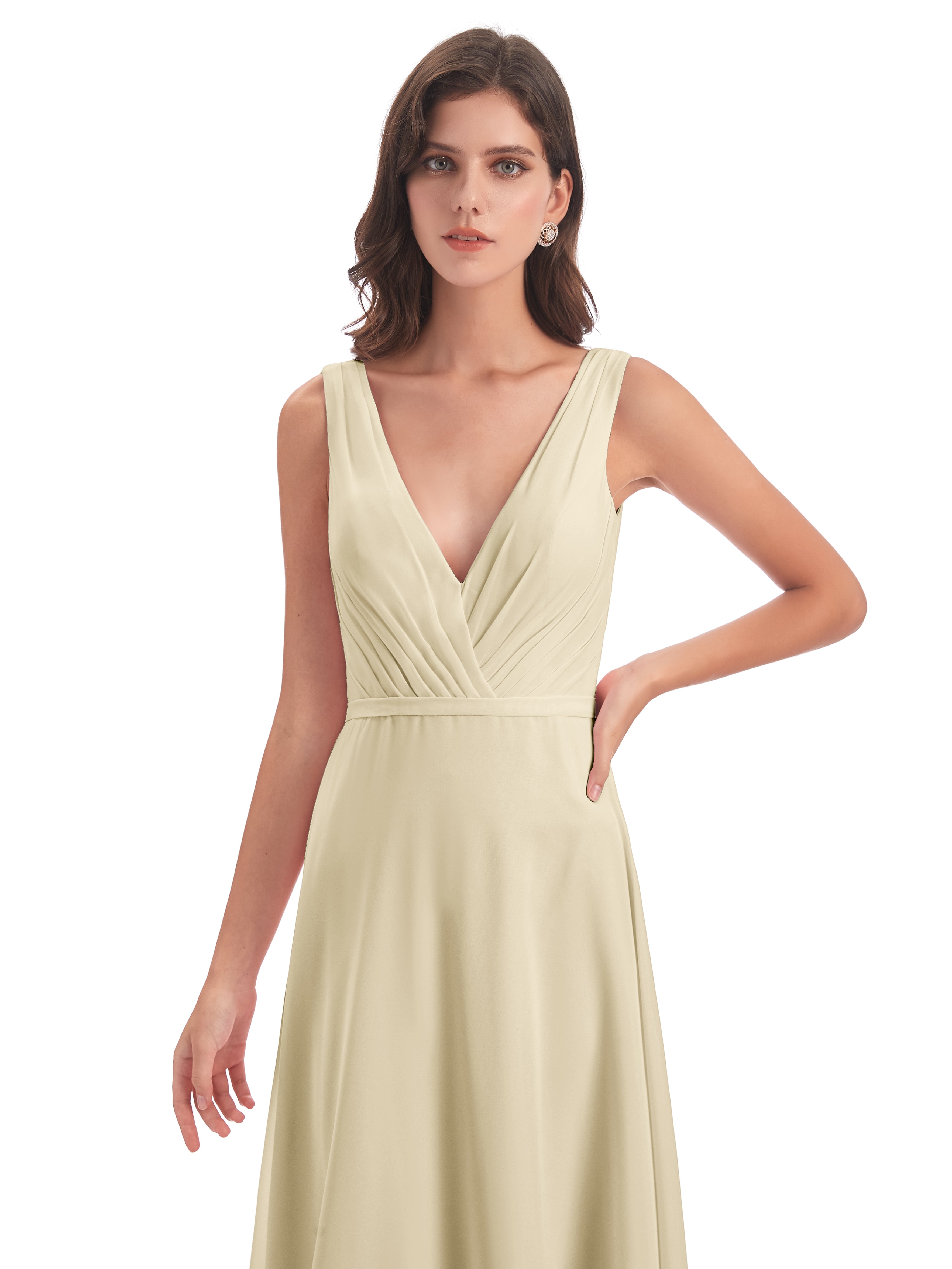 Robe De Demoiselle D Honneur Couleur Champagne Col V Mousseline Longue Robes Demoiselle D'Honneur