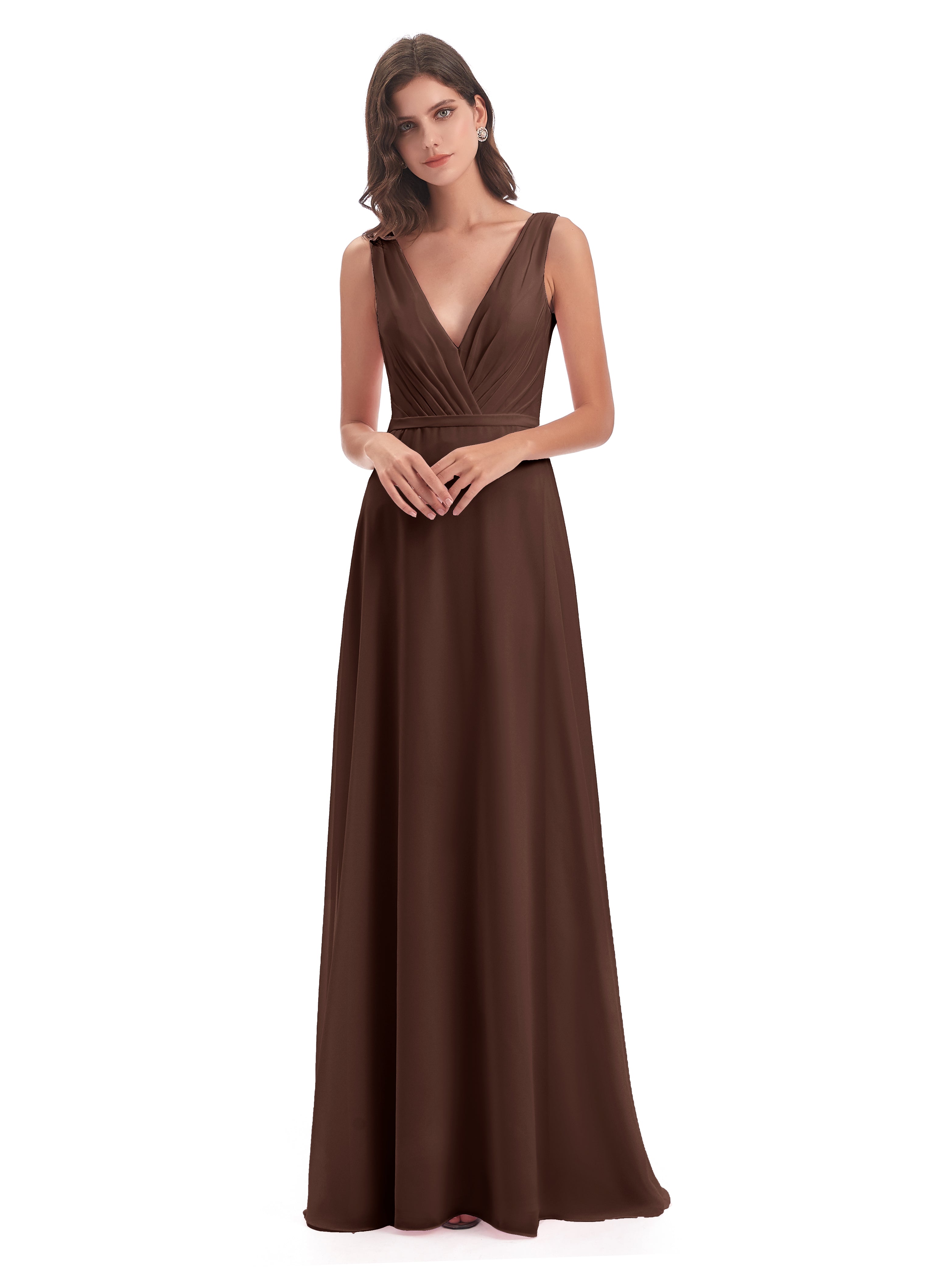 Robes De Demoiselle D'Honneur En Chocolat Col V Mousseline Longue Robes Demoiselle D'Honneur