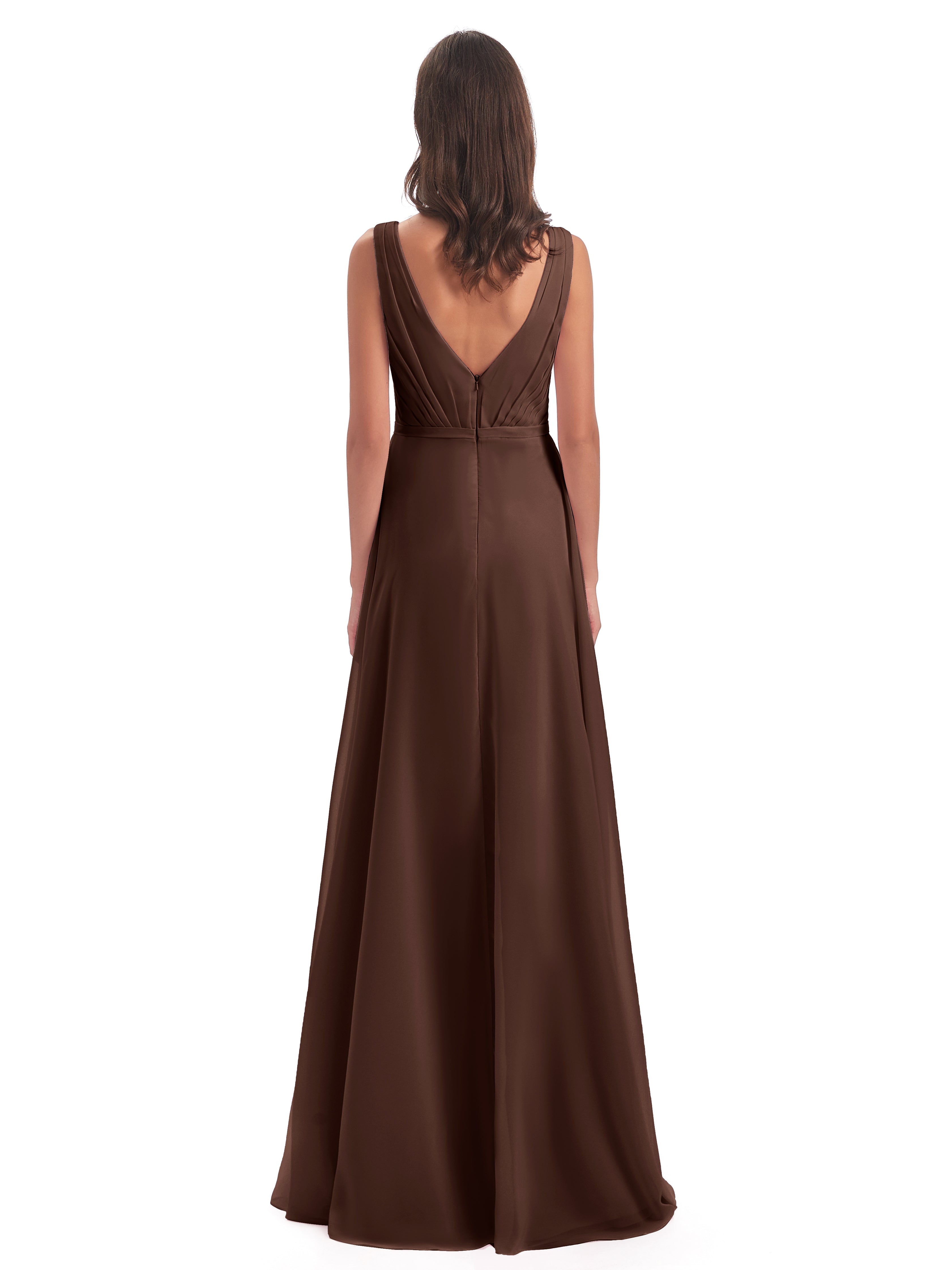 Robes De Demoiselle D'Honneur En Chocolat Col V Mousseline Longue Robes Demoiselle D'Honneur