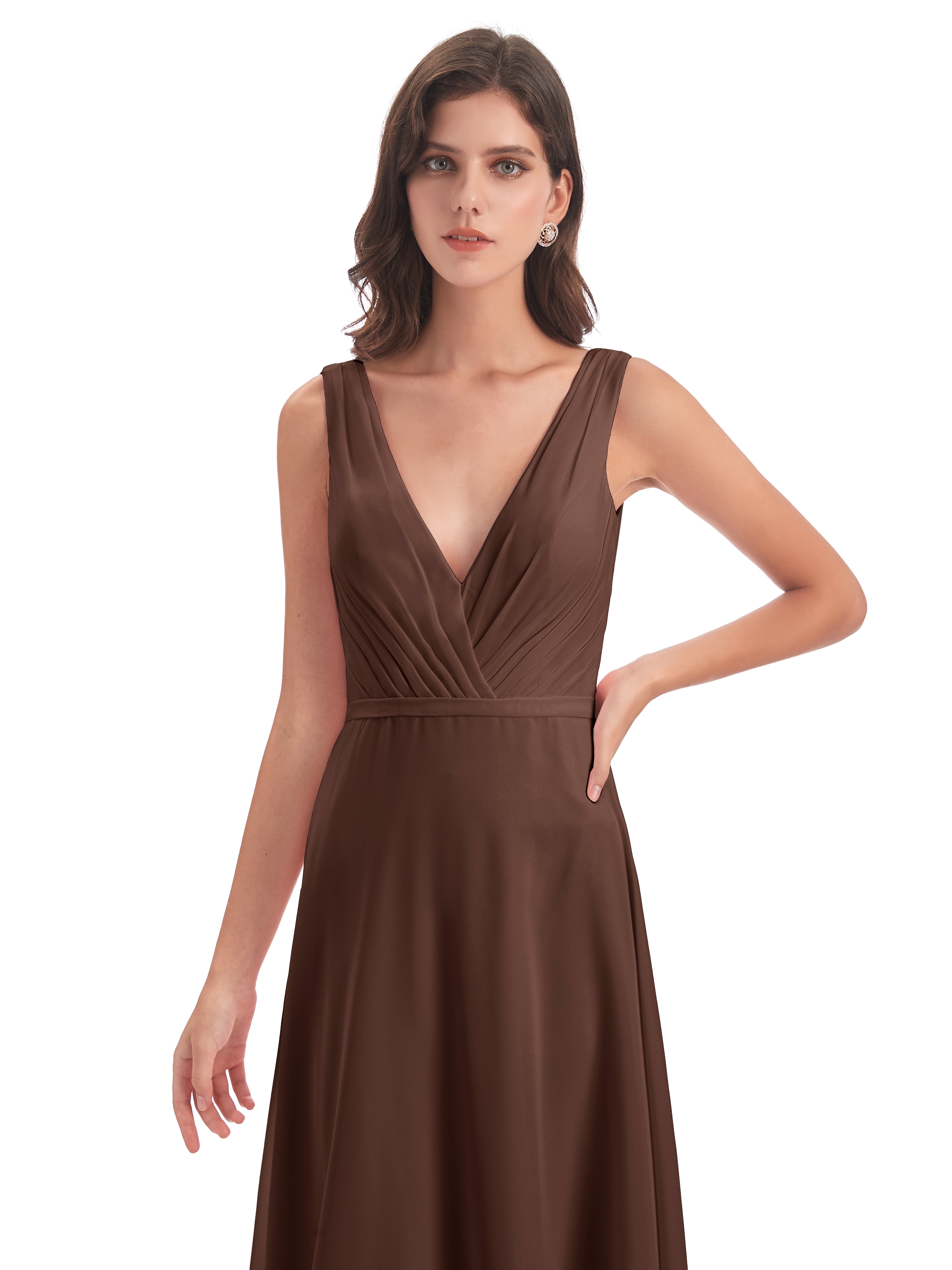 Robes De Demoiselle D'Honneur En Chocolat Col V Mousseline Longue Robes Demoiselle D'Honneur
