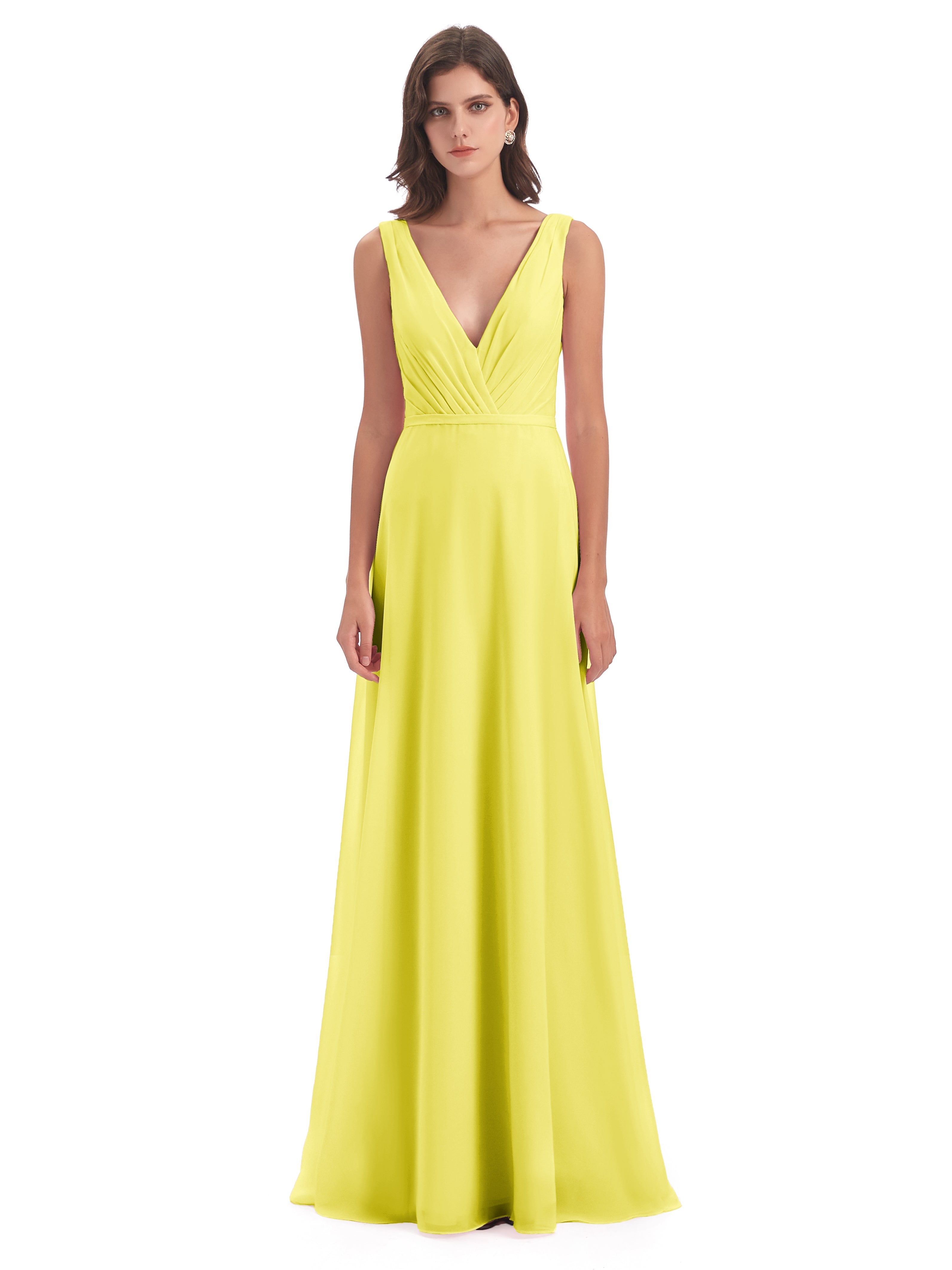 Robes De Demoiselle D'Honneur Citron Col V Mousseline Longue Robes Demoiselle D'Honneur