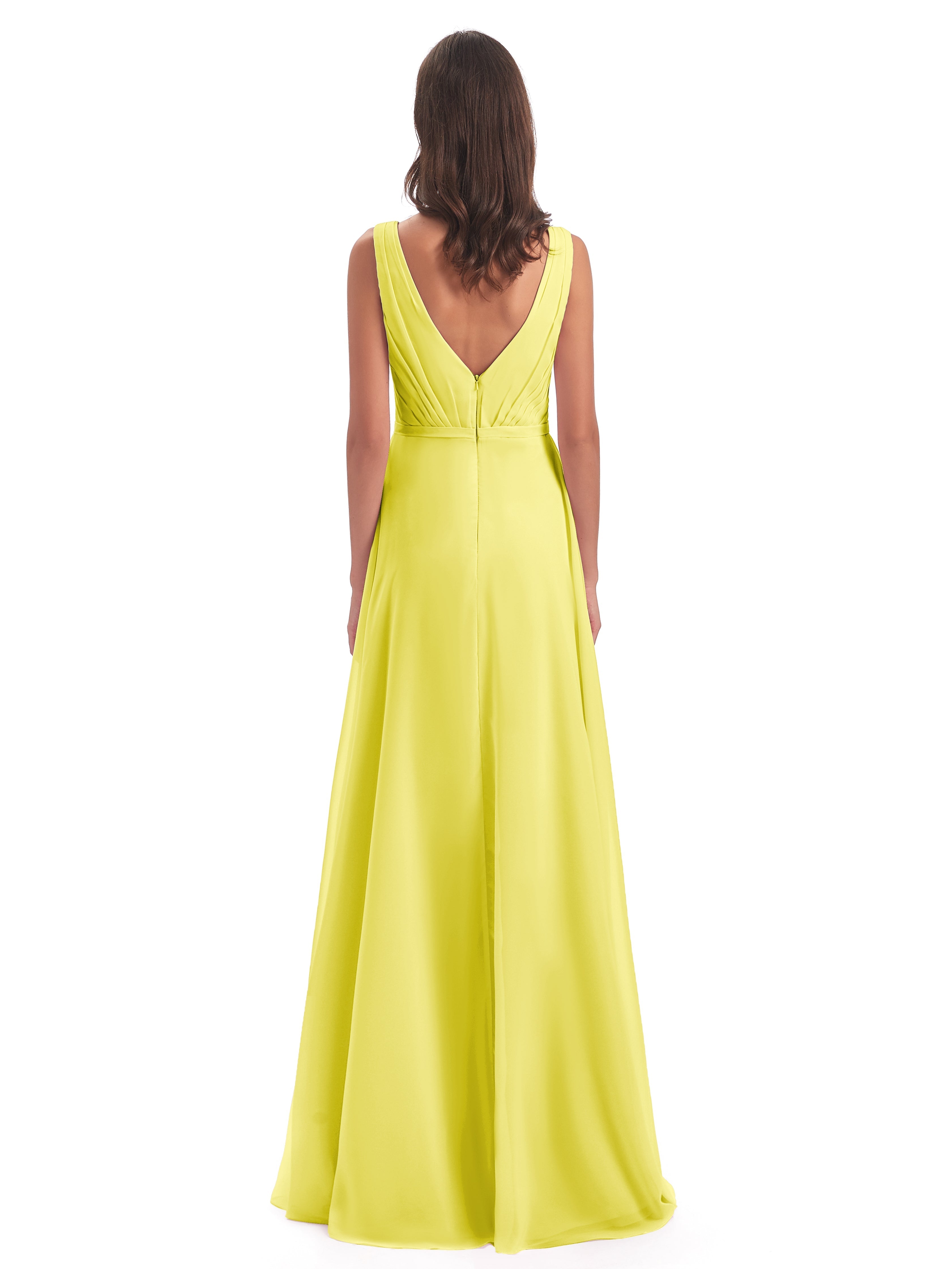 Robes De Demoiselle D'Honneur Citron Col V Mousseline Longue Robes Demoiselle D'Honneur