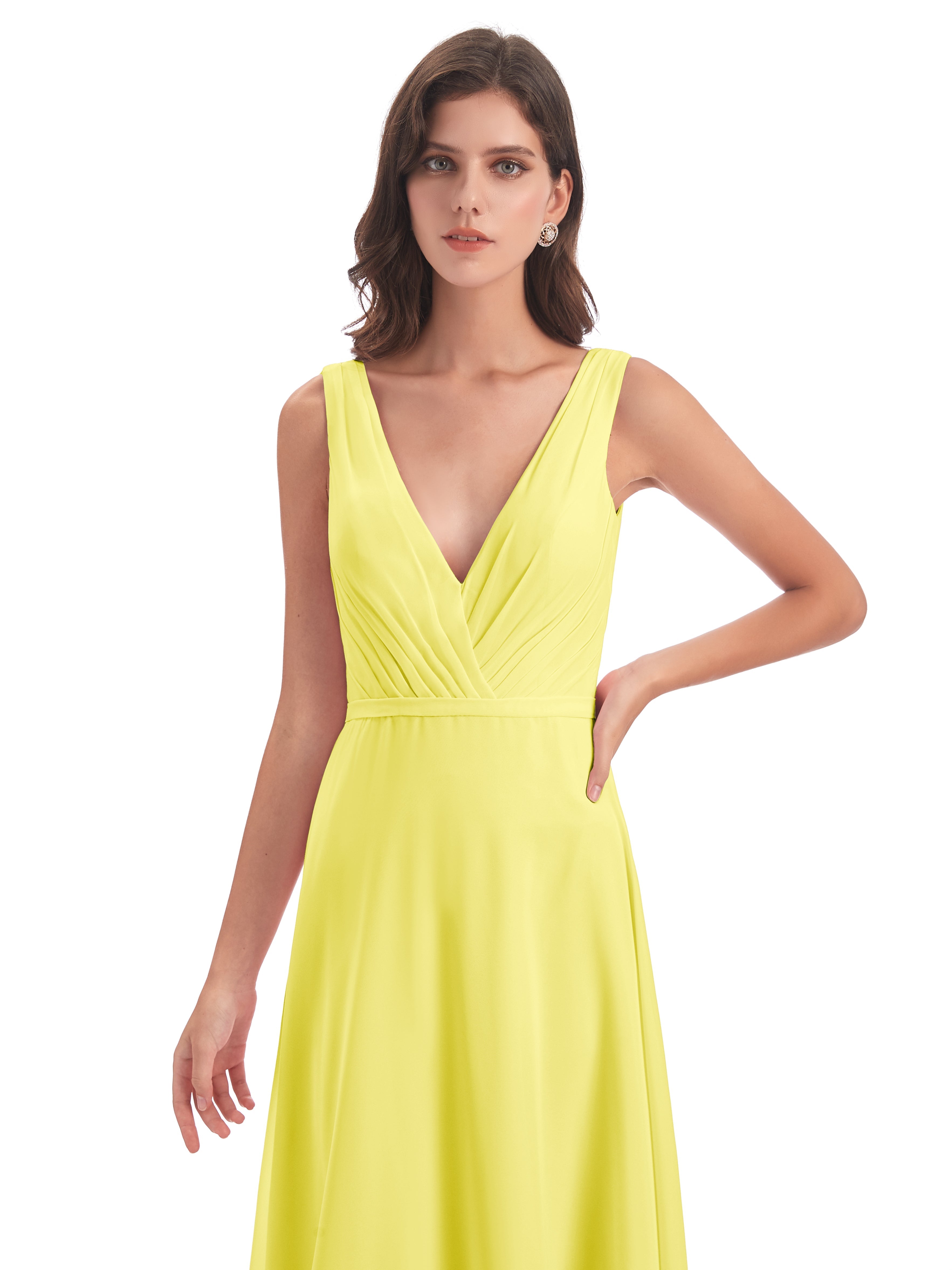 Robes De Demoiselle D'Honneur Citron Col V Mousseline Longue Robes Demoiselle D'Honneur