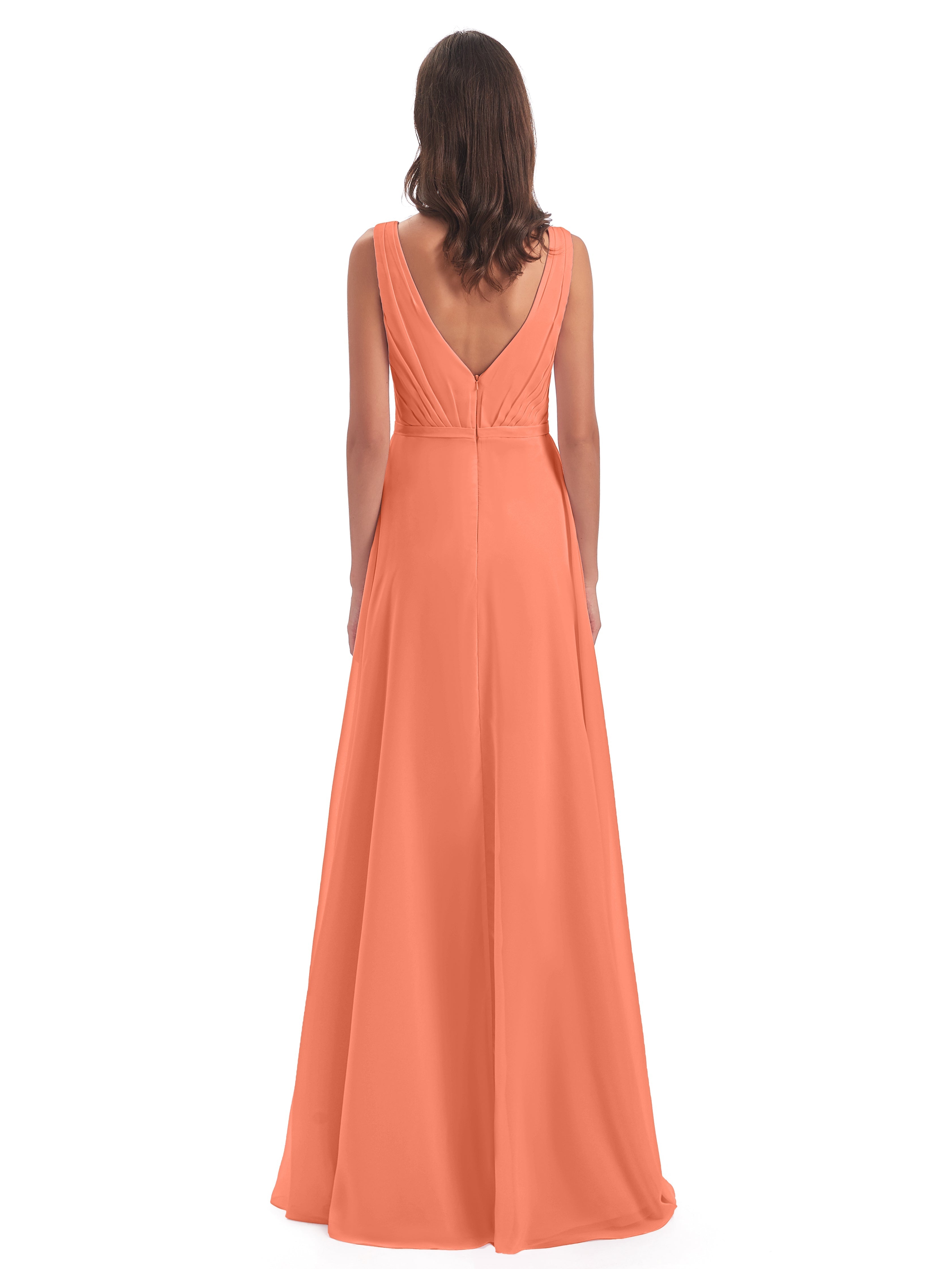 Robes De Demoiselle D'Honneur Coucher De Soleil Col V Mousseline Longue Robes Demoiselle D'Honneur