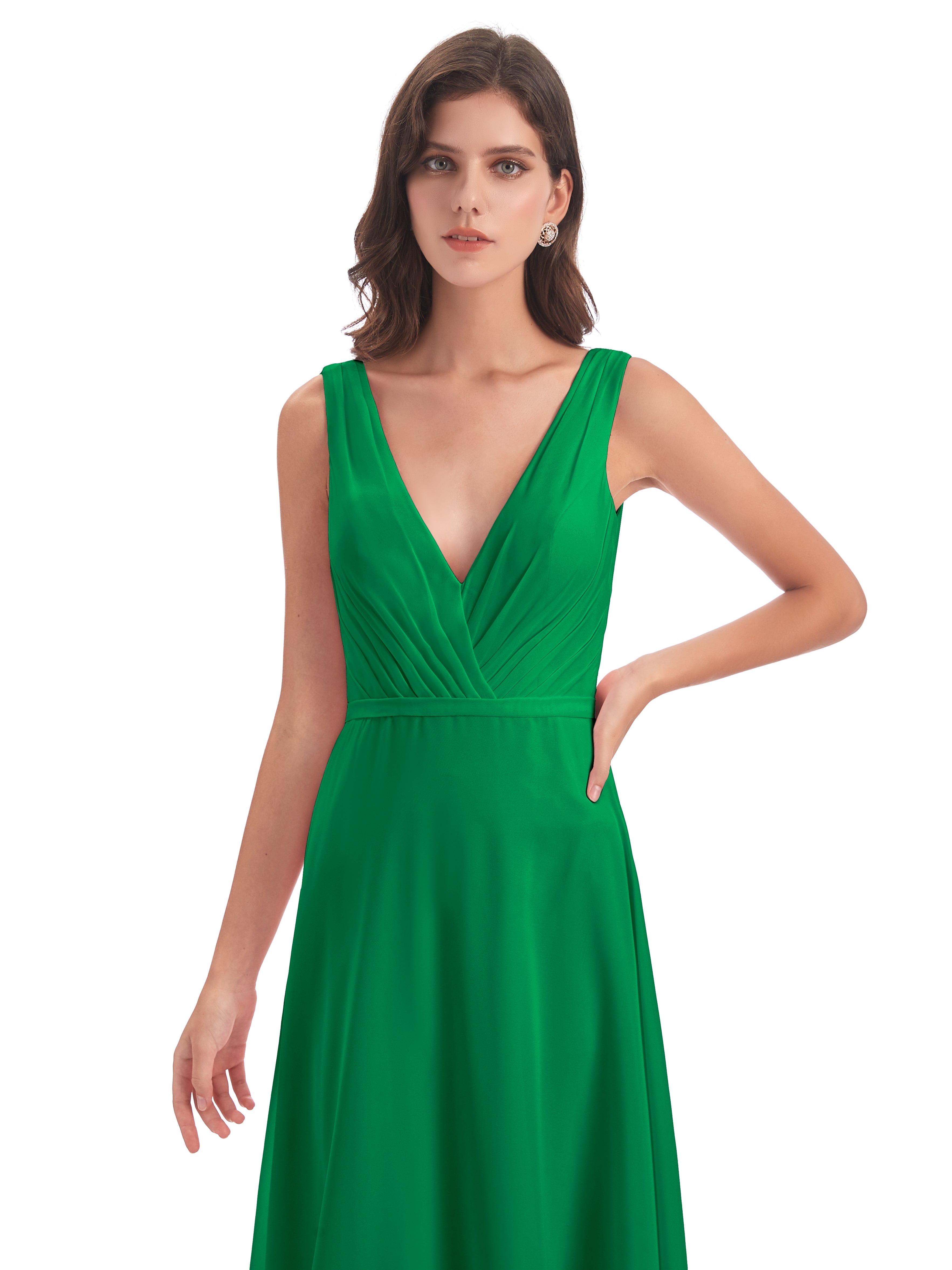 Robe Demoiselle D Honneur Vert Émeraude Col V Mousseline Longue Robes Demoiselle D'Honneur