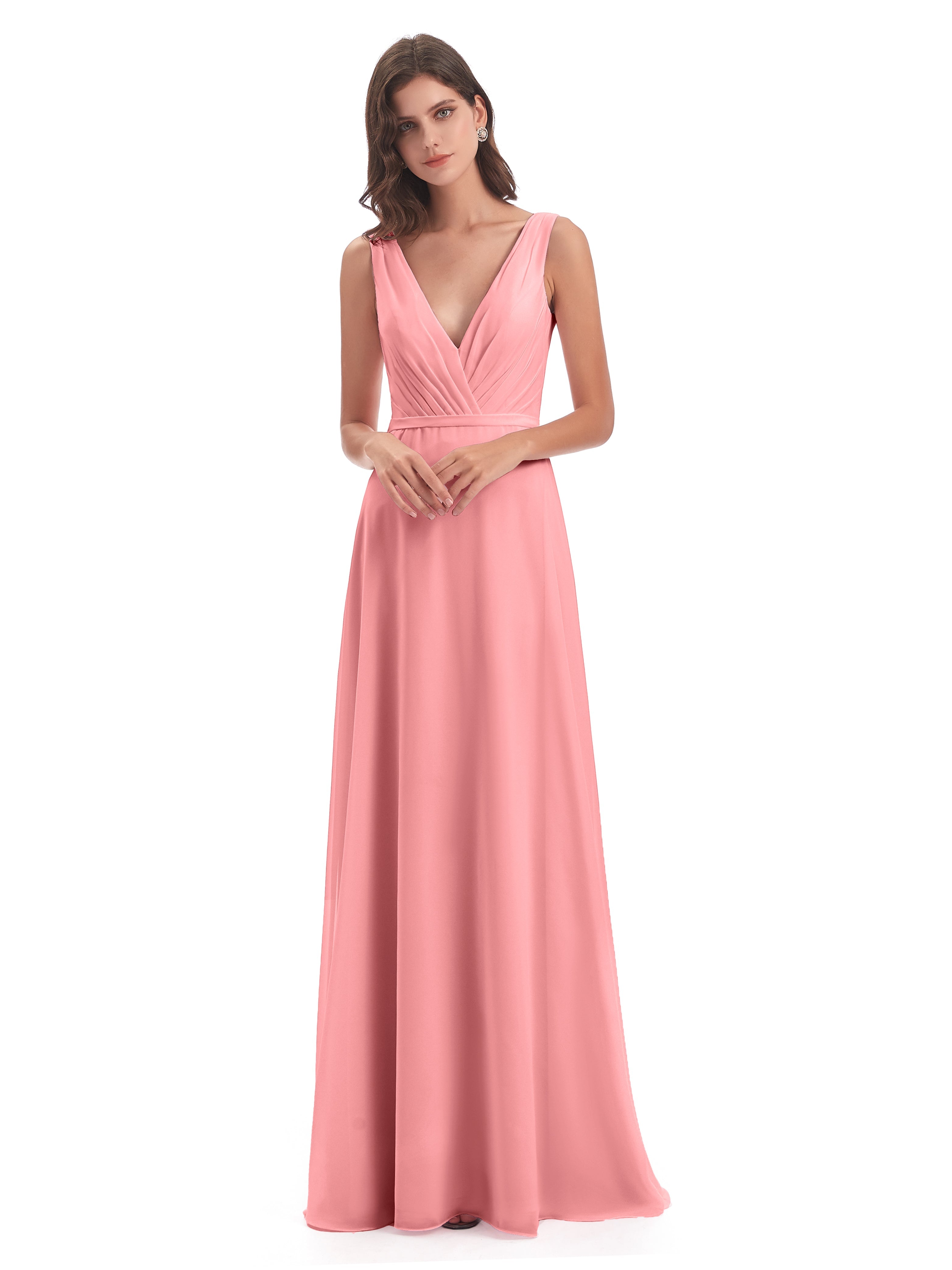 Robes De Demoiselle D'Honneur En Flamant Col V Mousseline Longue Robes Demoiselle D'Honneur