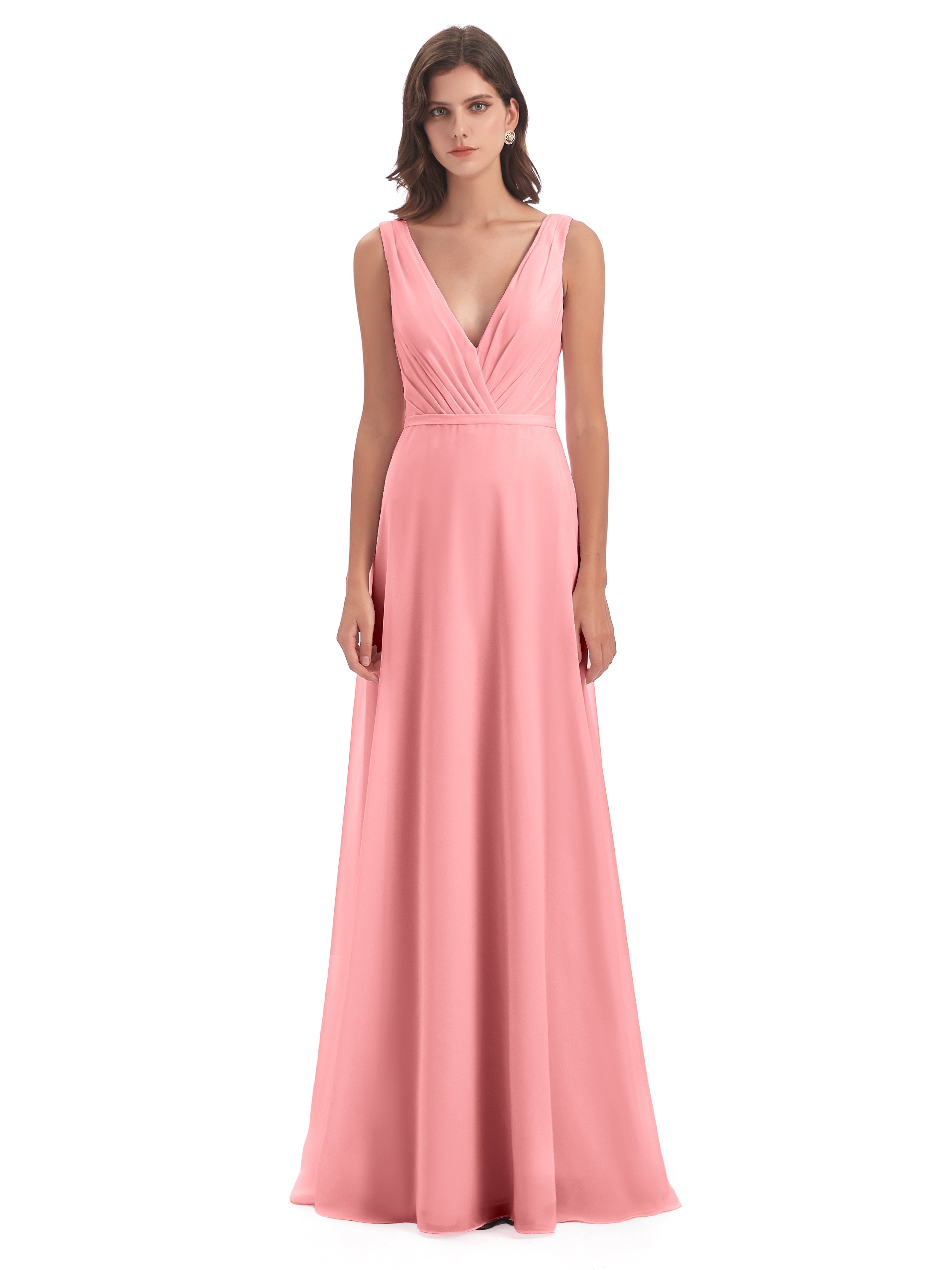 Robes De Demoiselle D'Honneur En Flamant Col V Mousseline Longue Robes Demoiselle D'Honneur
