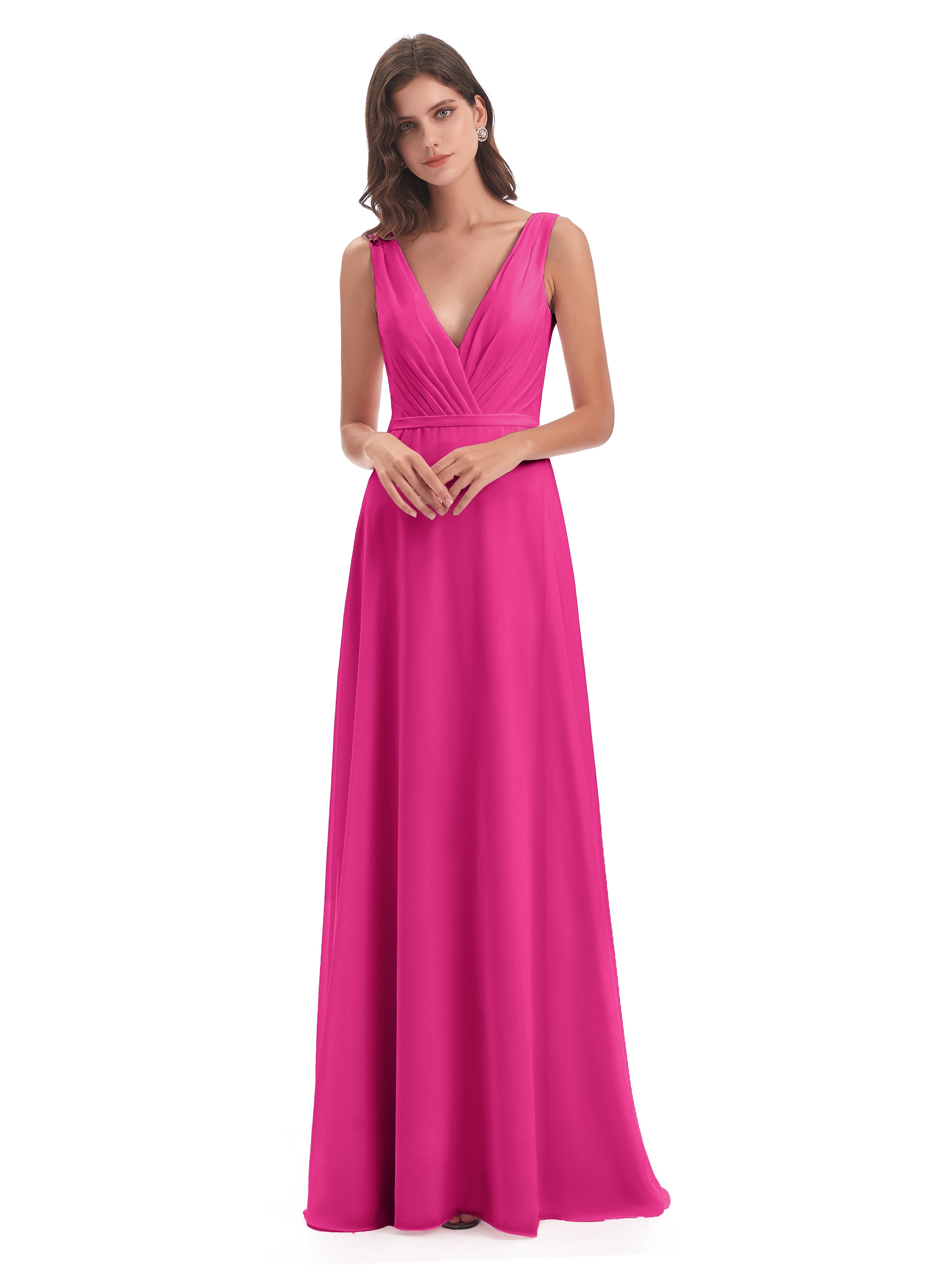 Robes De Demoiselle D'Honneur Couleur Fuchsia Rose Col V Mousseline Longue Robes Demoiselle D'Honneur