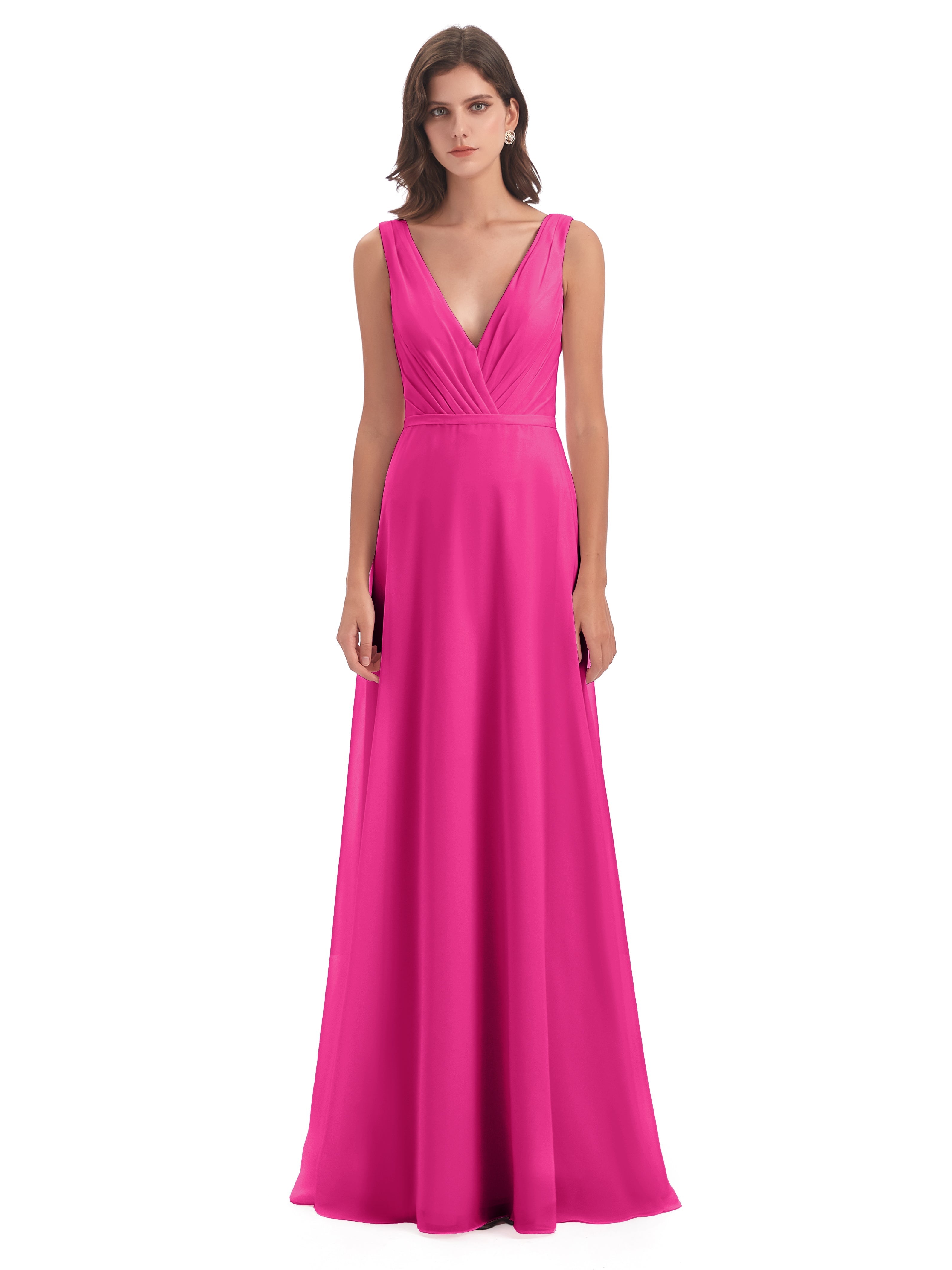 Robes De Demoiselle D'Honneur Couleur Fuchsia Rose Col V Mousseline Longue Robes Demoiselle D'Honneur