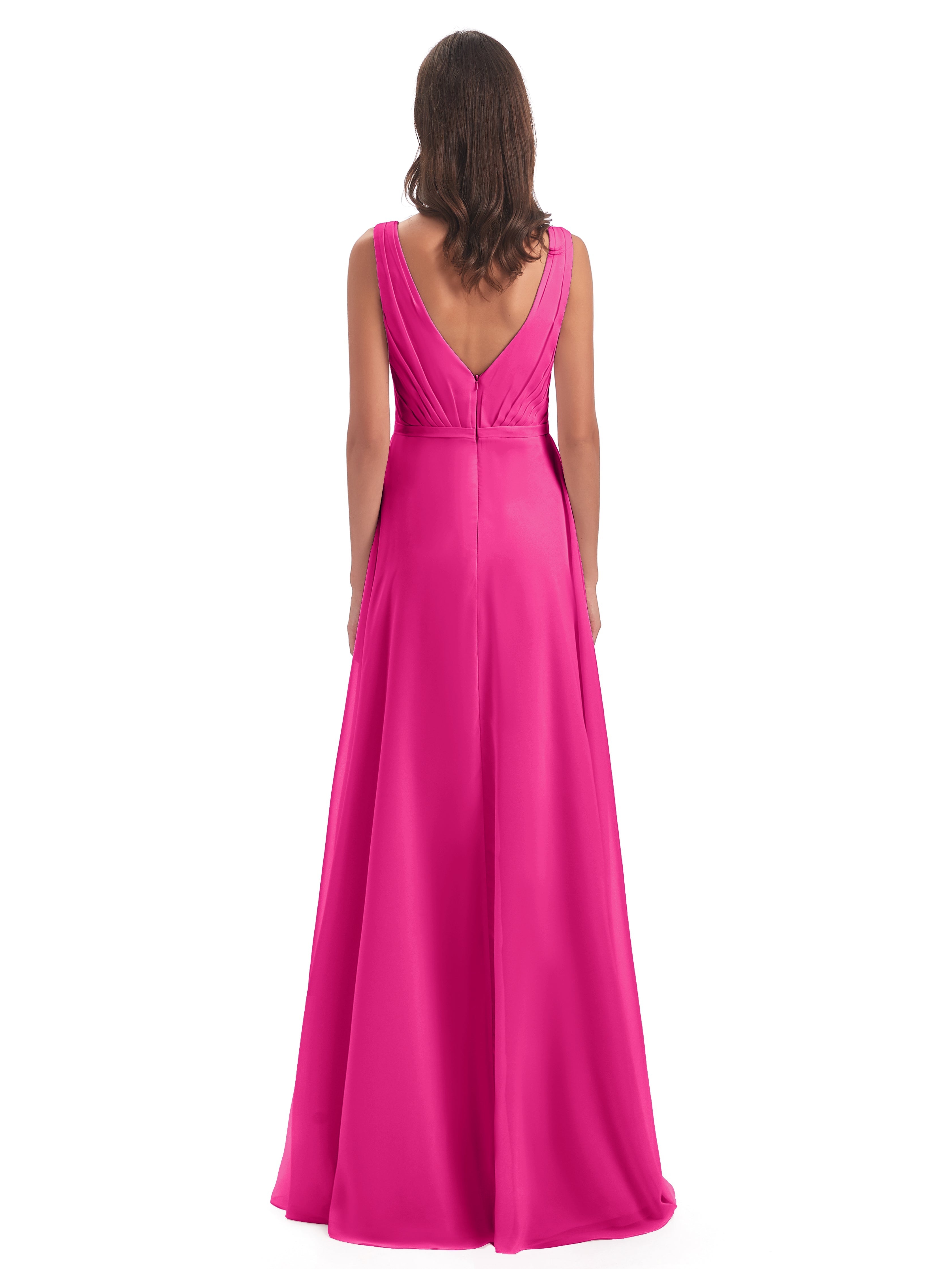 Robes De Demoiselle D'Honneur Couleur Fuchsia Rose Col V Mousseline Longue Robes Demoiselle D'Honneur