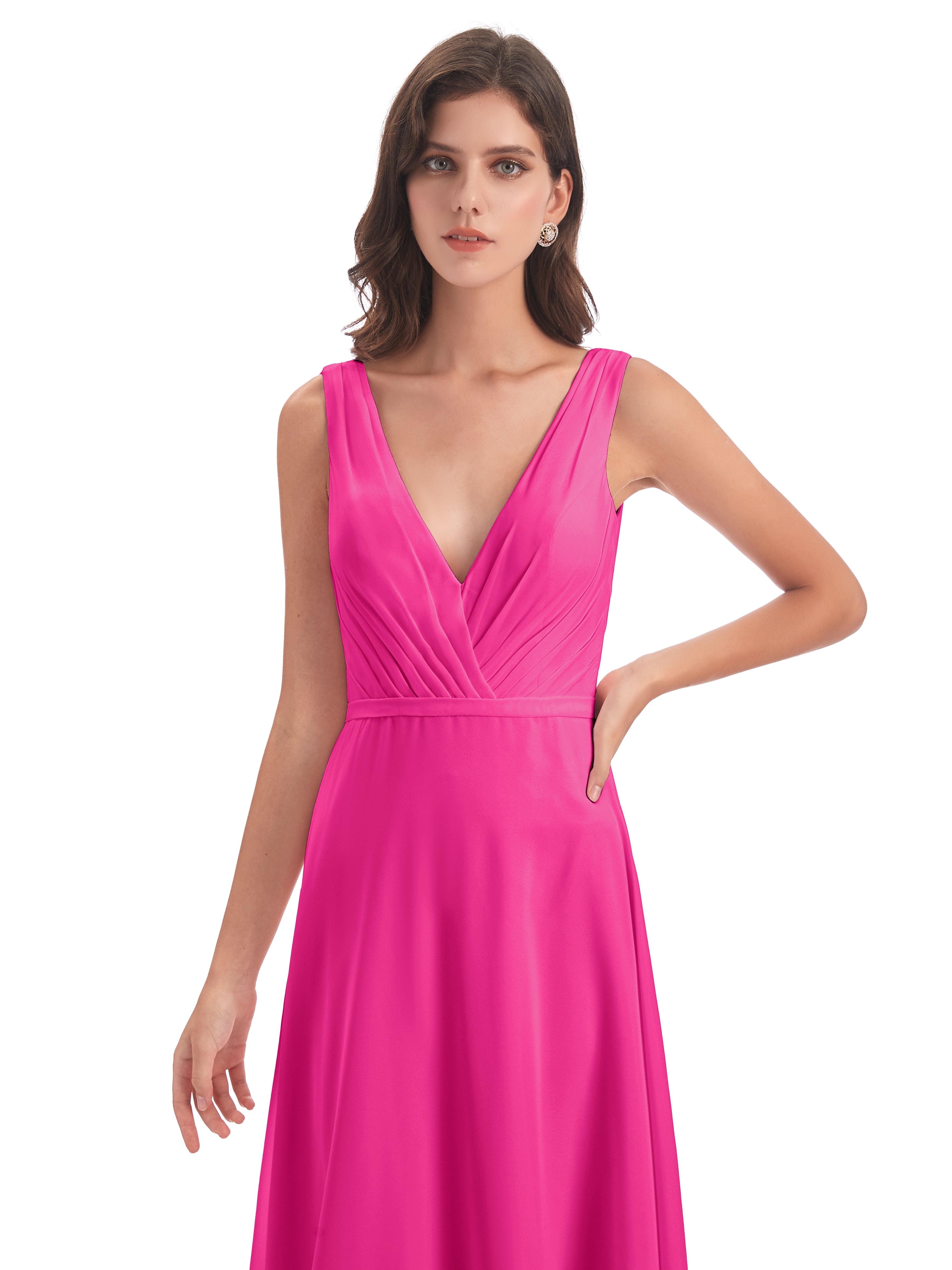 Robes De Demoiselle D'Honneur Couleur Fuchsia Rose Col V Mousseline Longue Robes Demoiselle D'Honneur