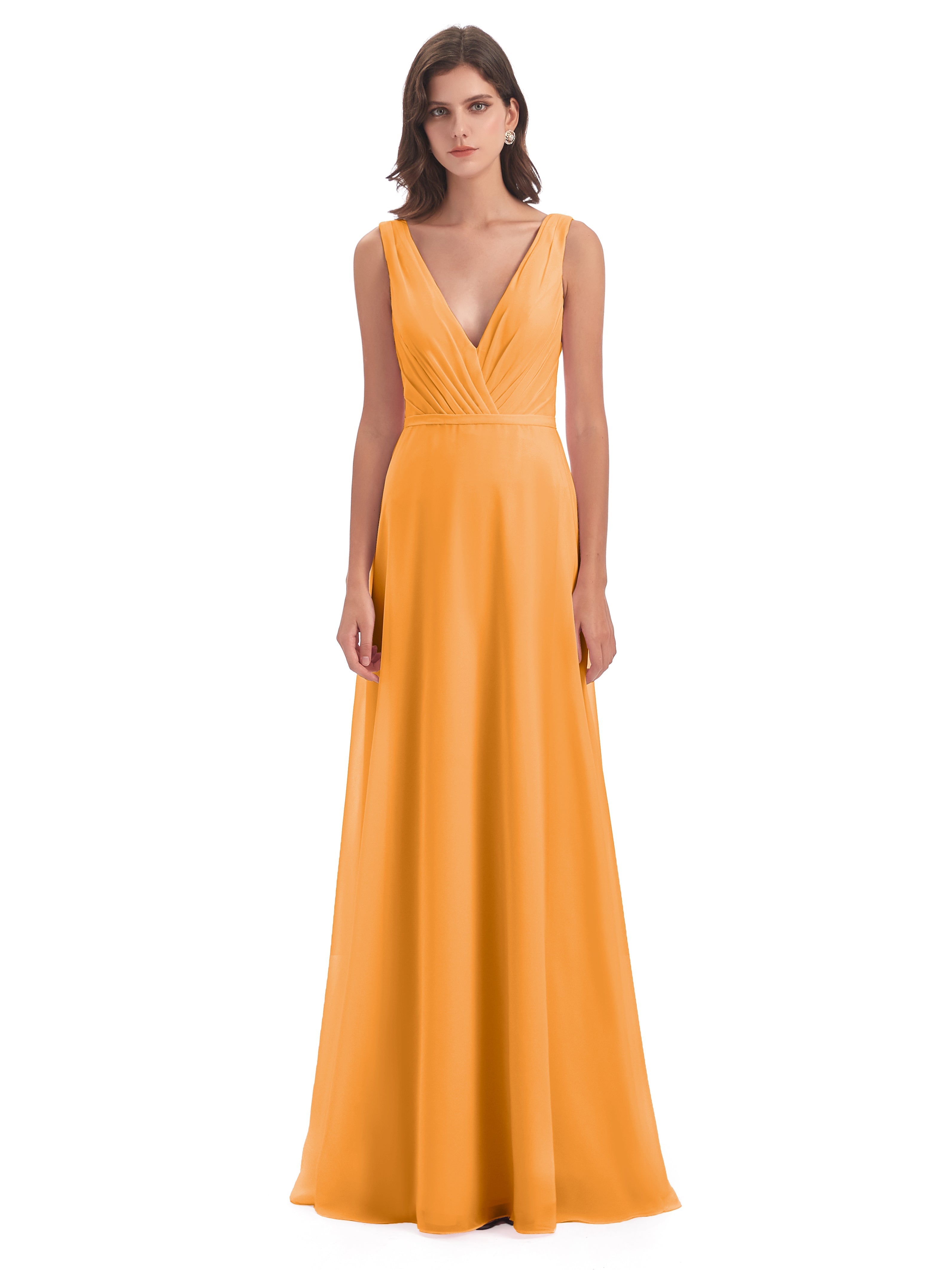 Robes De Demoiselle D'Honneur Mandarine Col V Mousseline Longue Robes Demoiselle D'Honneur