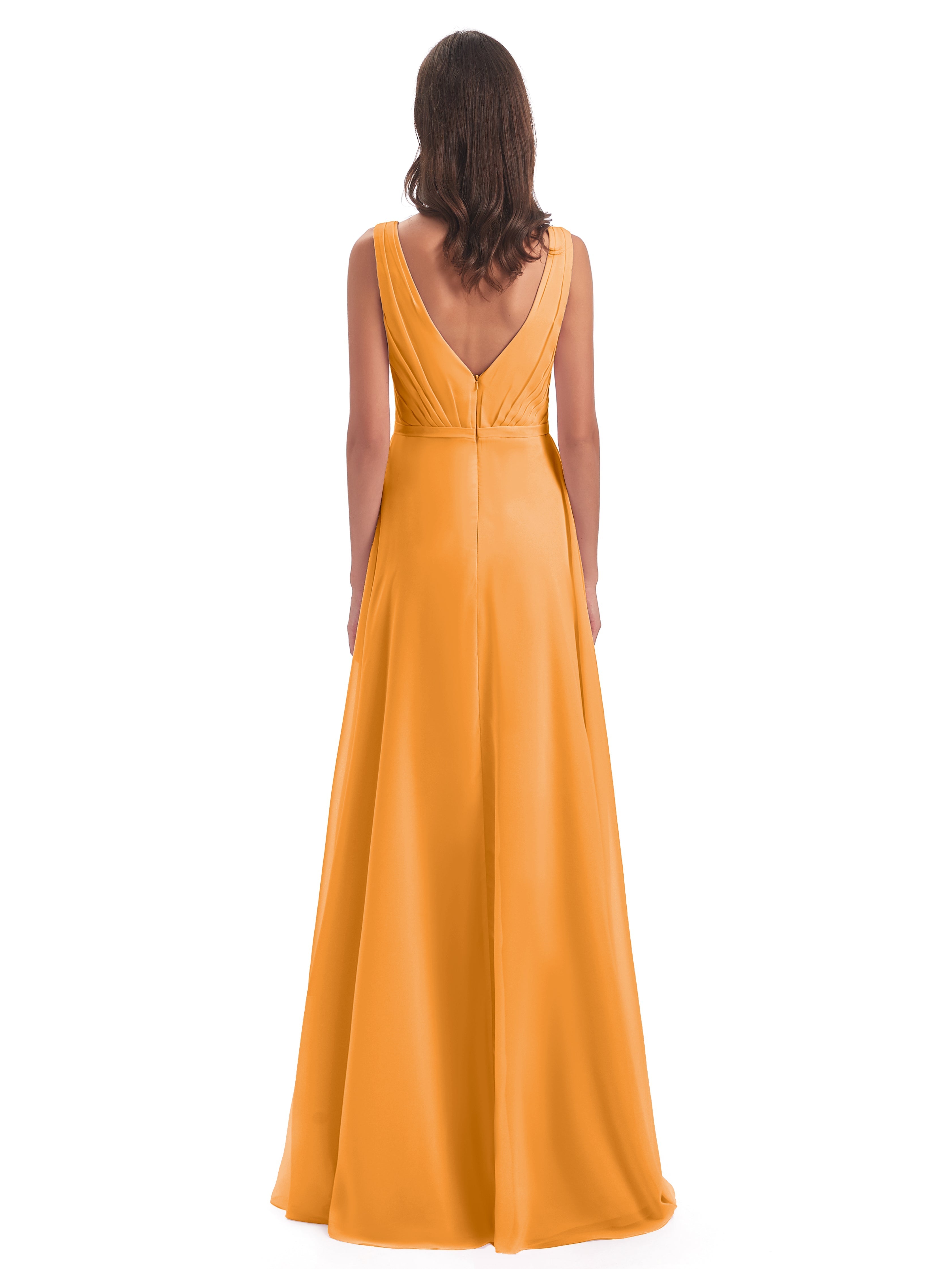 Robes De Demoiselle D'Honneur Mandarine Col V Mousseline Longue Robes Demoiselle D'Honneur