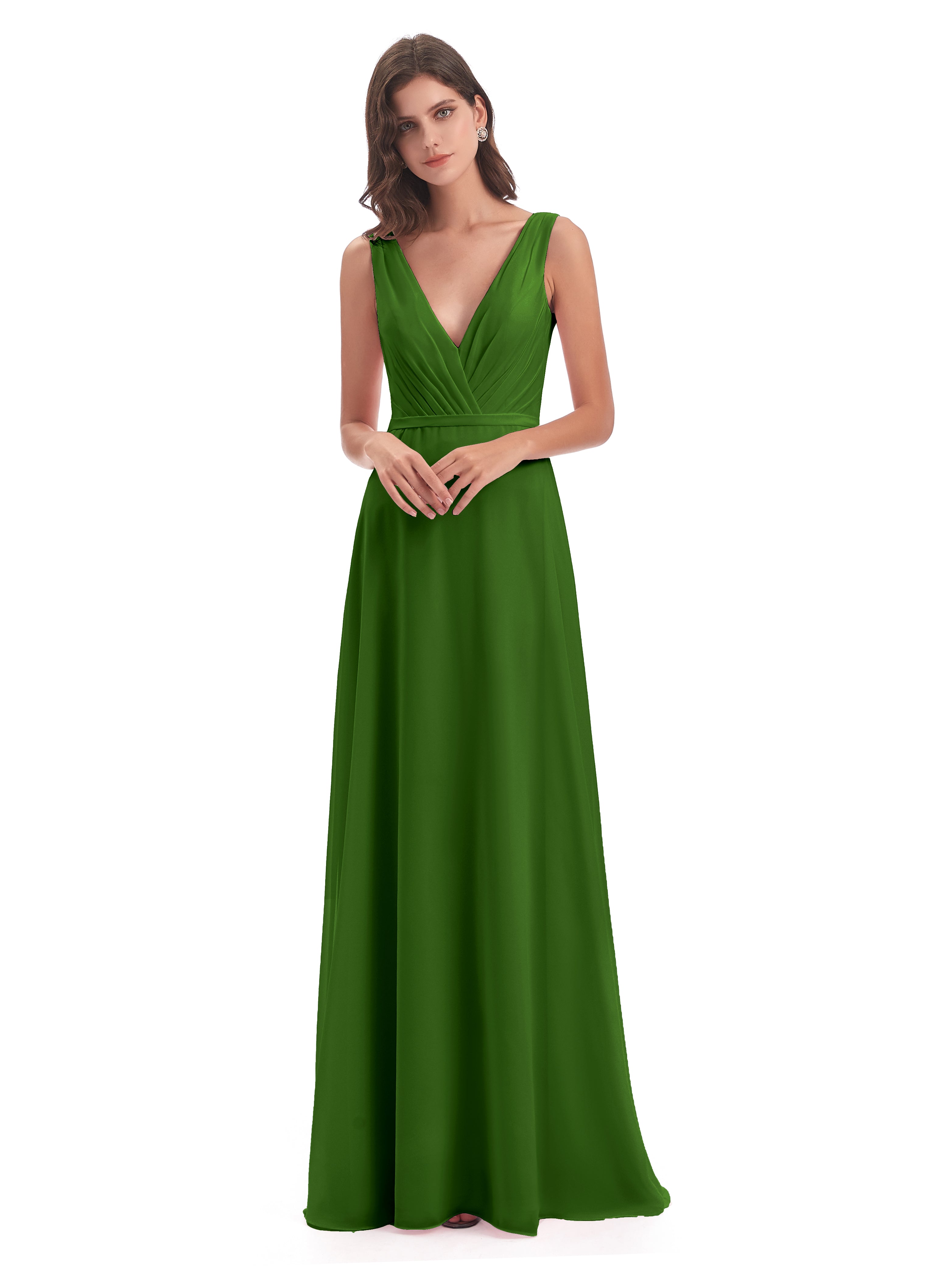 Robes De Demoiselle D'Honneur Vert Mousse Col V Mousseline Longue Robes Demoiselle D'Honneur
