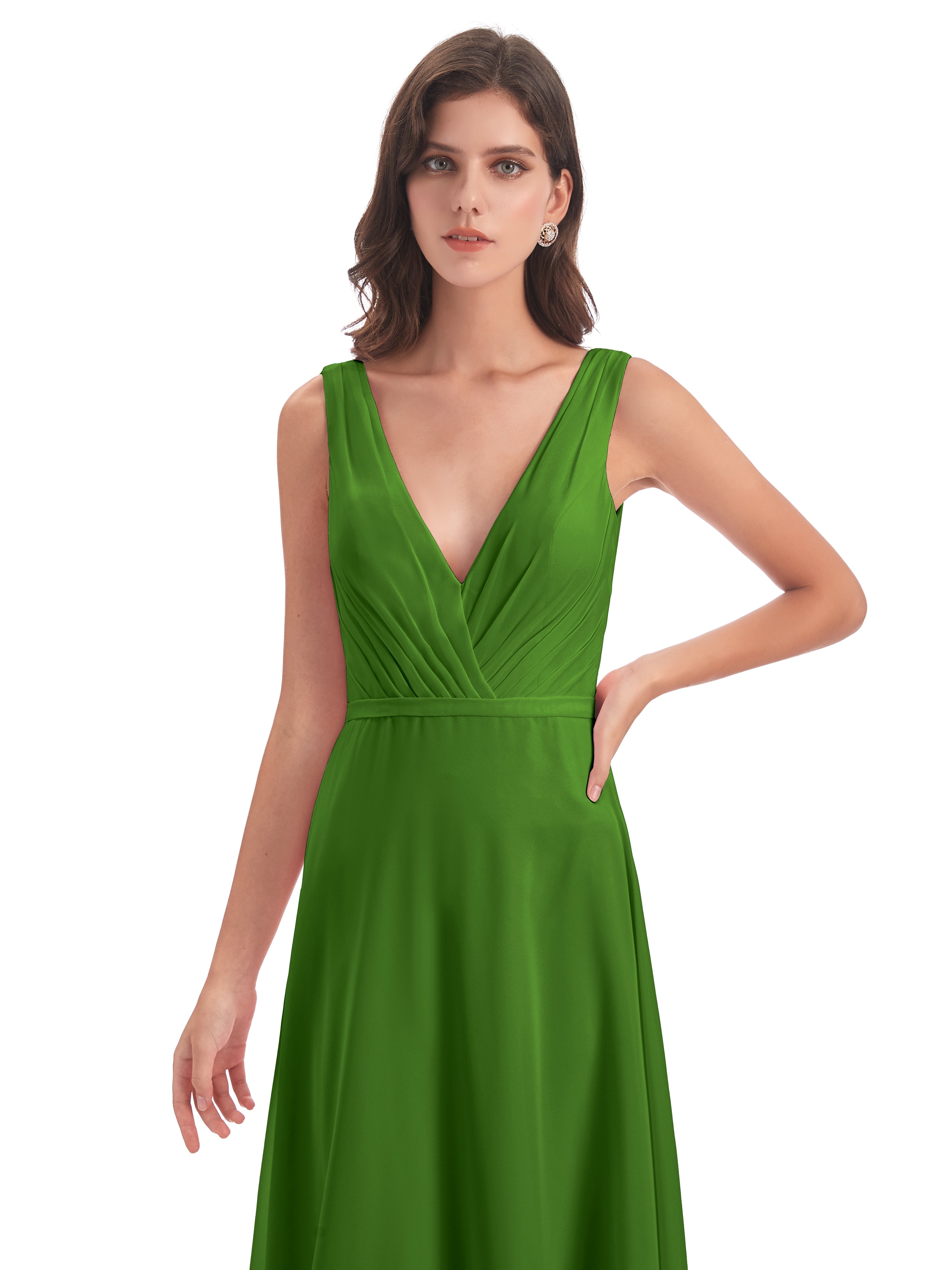 Robes De Demoiselle D'Honneur Vert Mousse Col V Mousseline Longue Robes Demoiselle D'Honneur