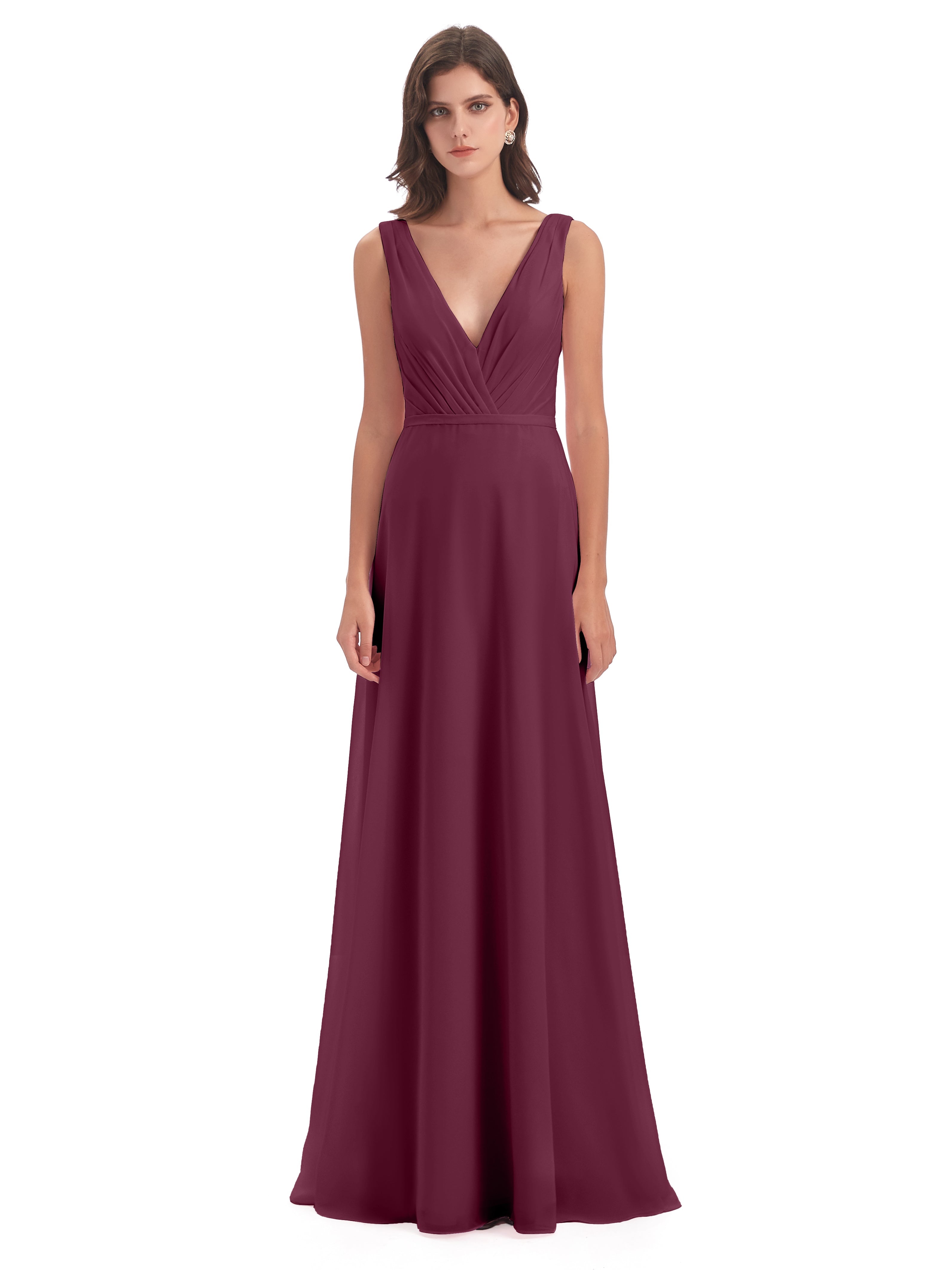 Robes De Demoiselle D'Honneur Mûre Col V Mousseline Longue Robes Demoiselle D'Honneur