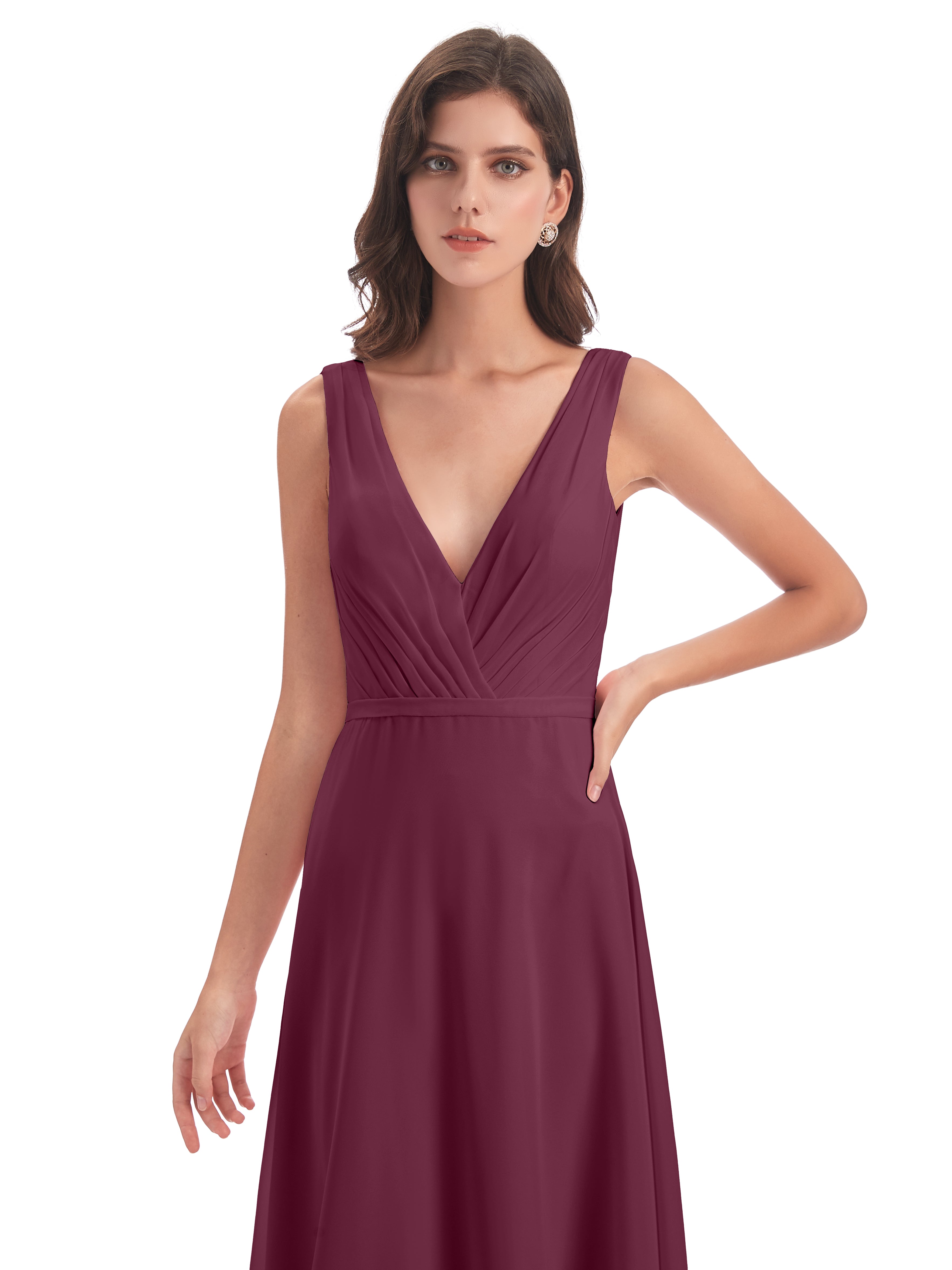 Robes De Demoiselle D'Honneur Mûre Col V Mousseline Longue Robes Demoiselle D'Honneur