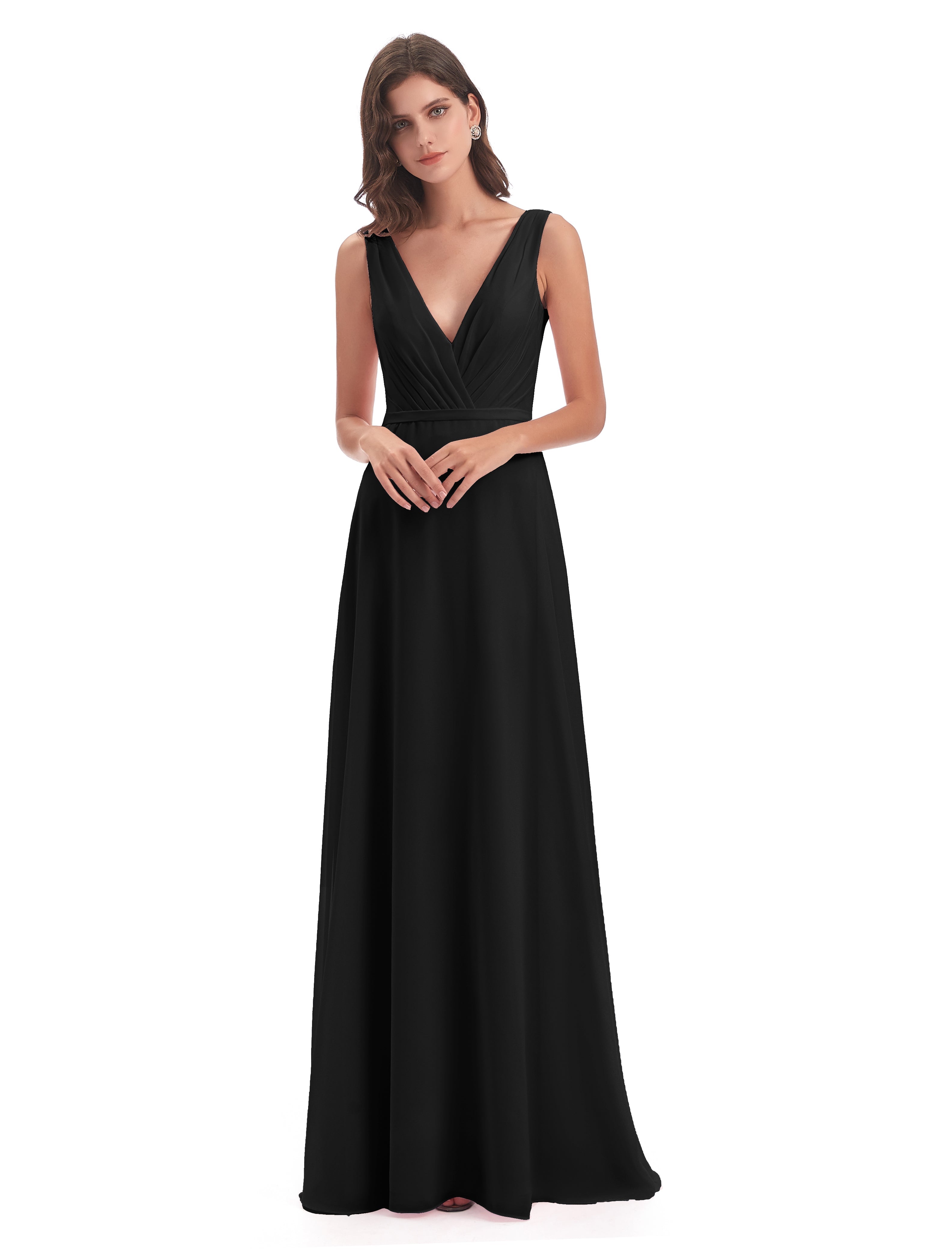 Robe De Demoiselle D Honneur Noire Col V Mousseline Longue Robes Demoiselle D'Honneur