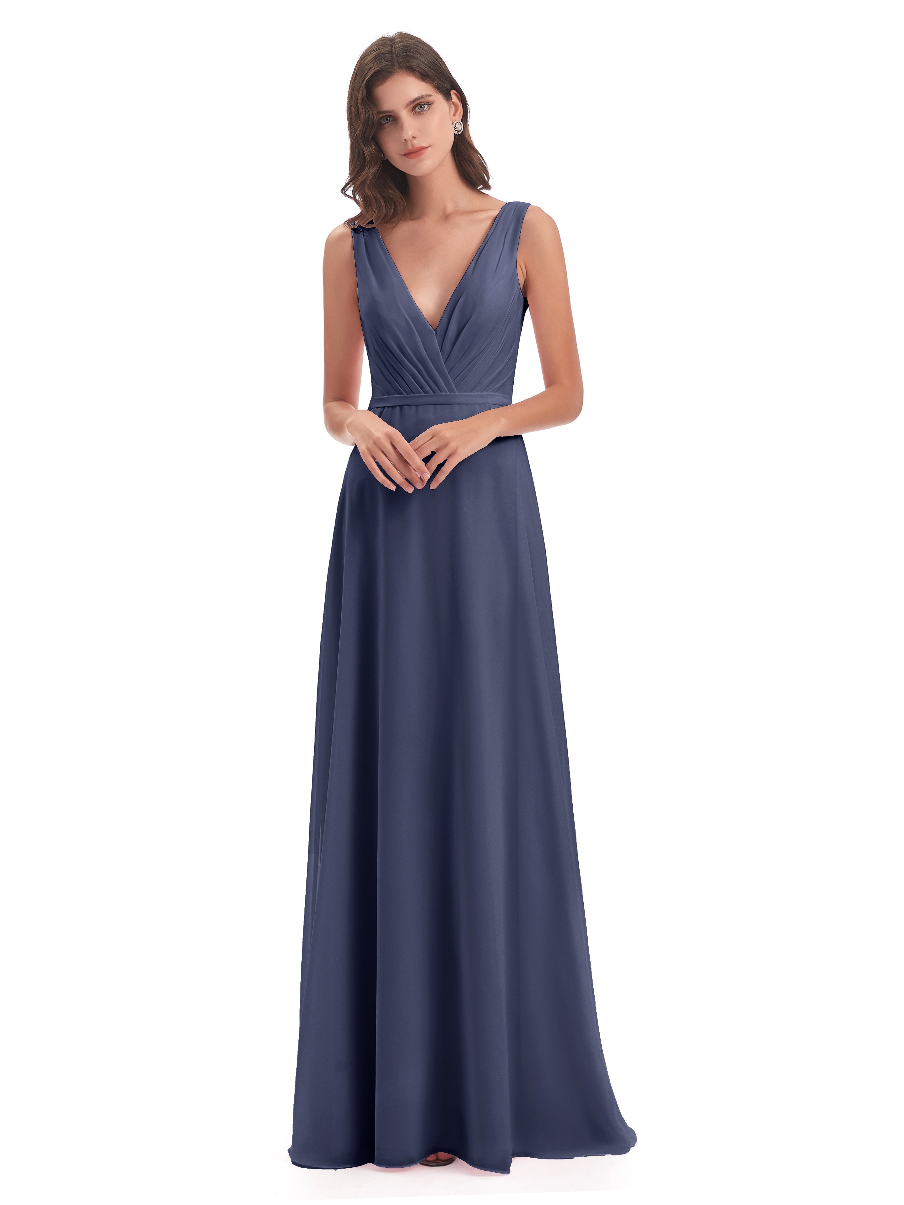 Robes De Demoiselle D'Honneur Bleu Orageux Col V Mousseline Longue Robes Demoiselle D'Honneur
