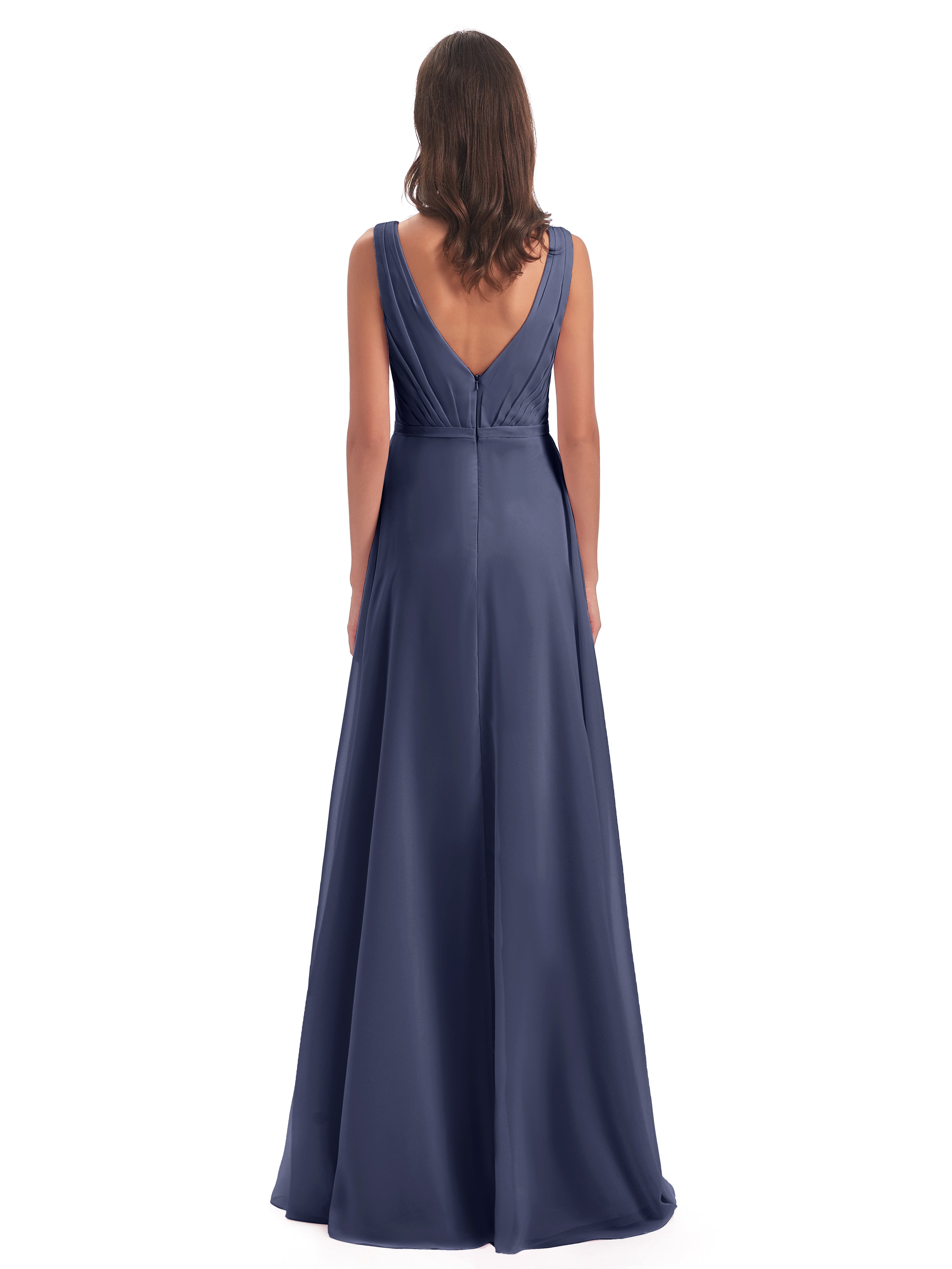 Robes De Demoiselle D'Honneur Bleu Orageux Col V Mousseline Longue Robes Demoiselle D'Honneur
