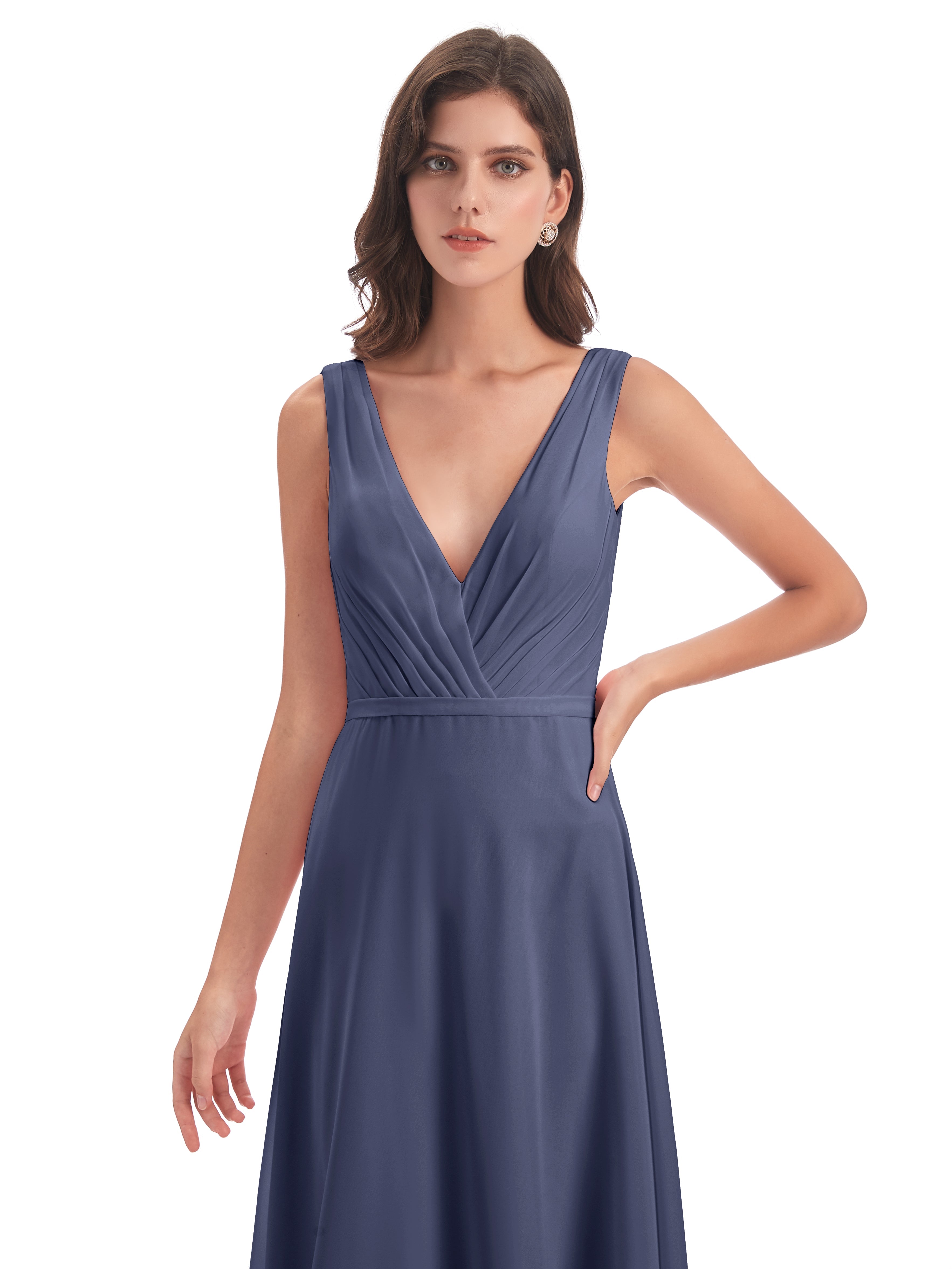 Robes De Demoiselle D'Honneur Bleu Orageux Col V Mousseline Longue Robes Demoiselle D'Honneur