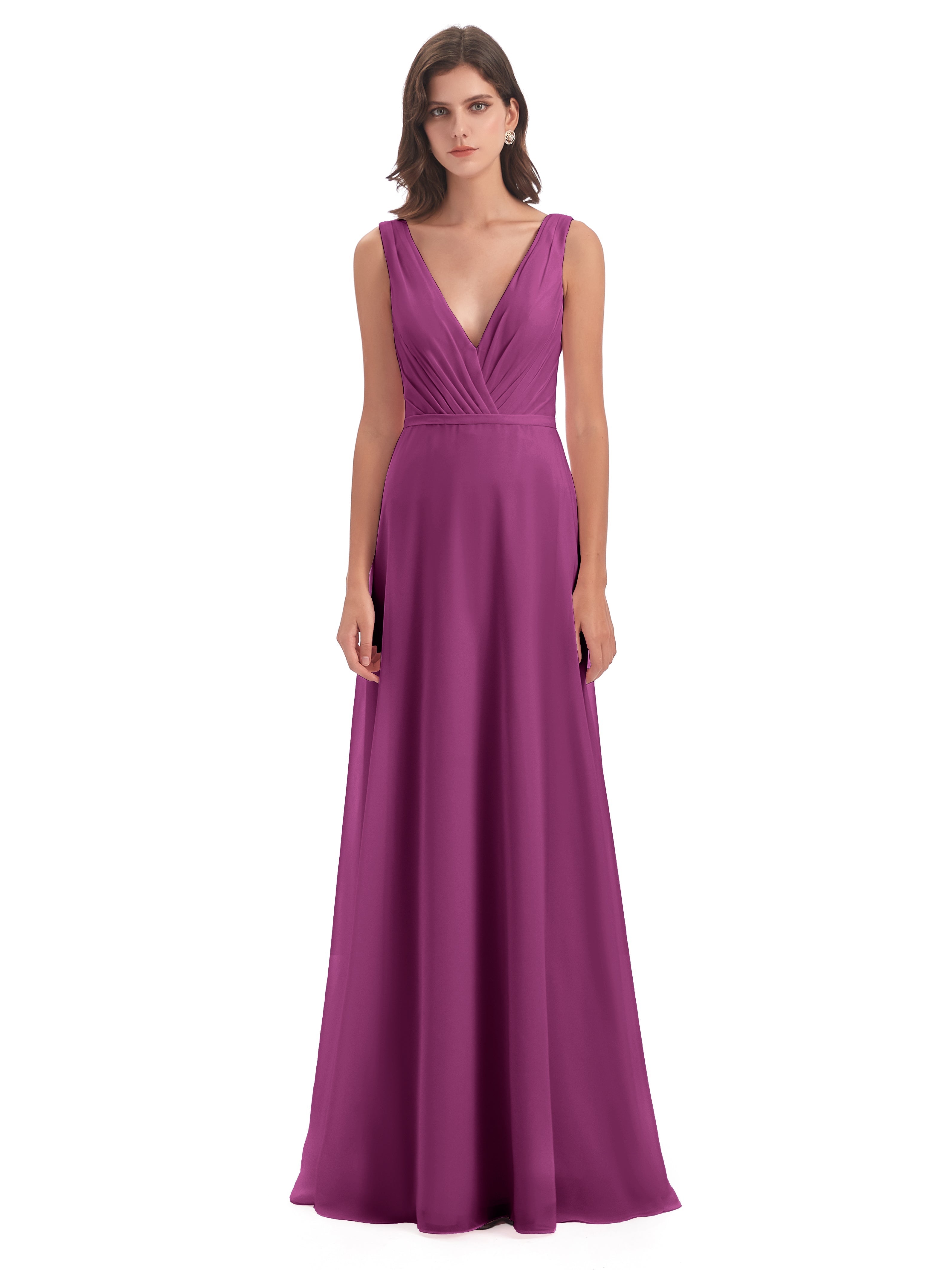 Robes De Demoiselle D'Honneur Orchidée Col V Mousseline Longue Robes Demoiselle D'Honneur