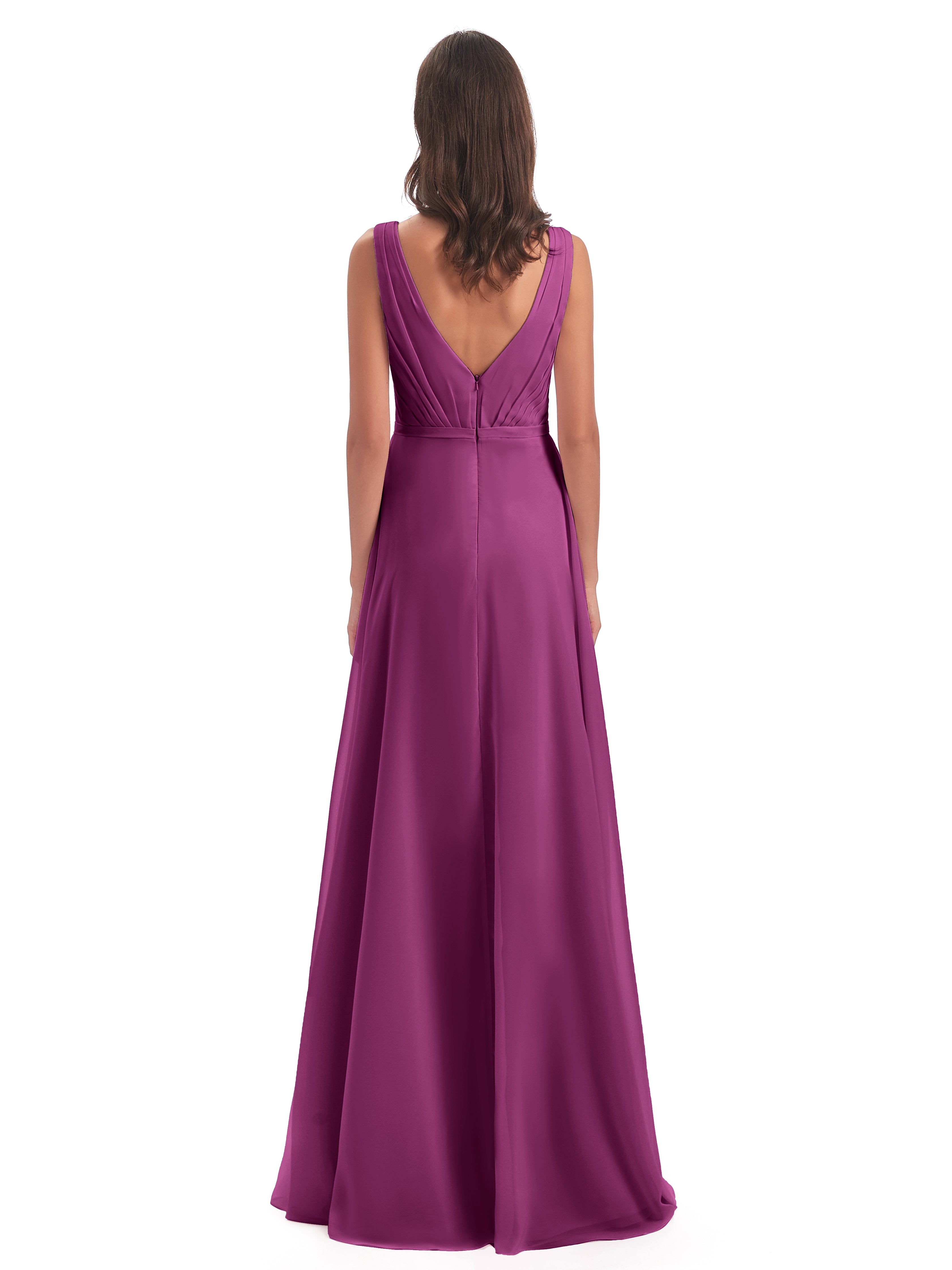 Robes De Demoiselle D'Honneur Orchidée Col V Mousseline Longue Robes Demoiselle D'Honneur