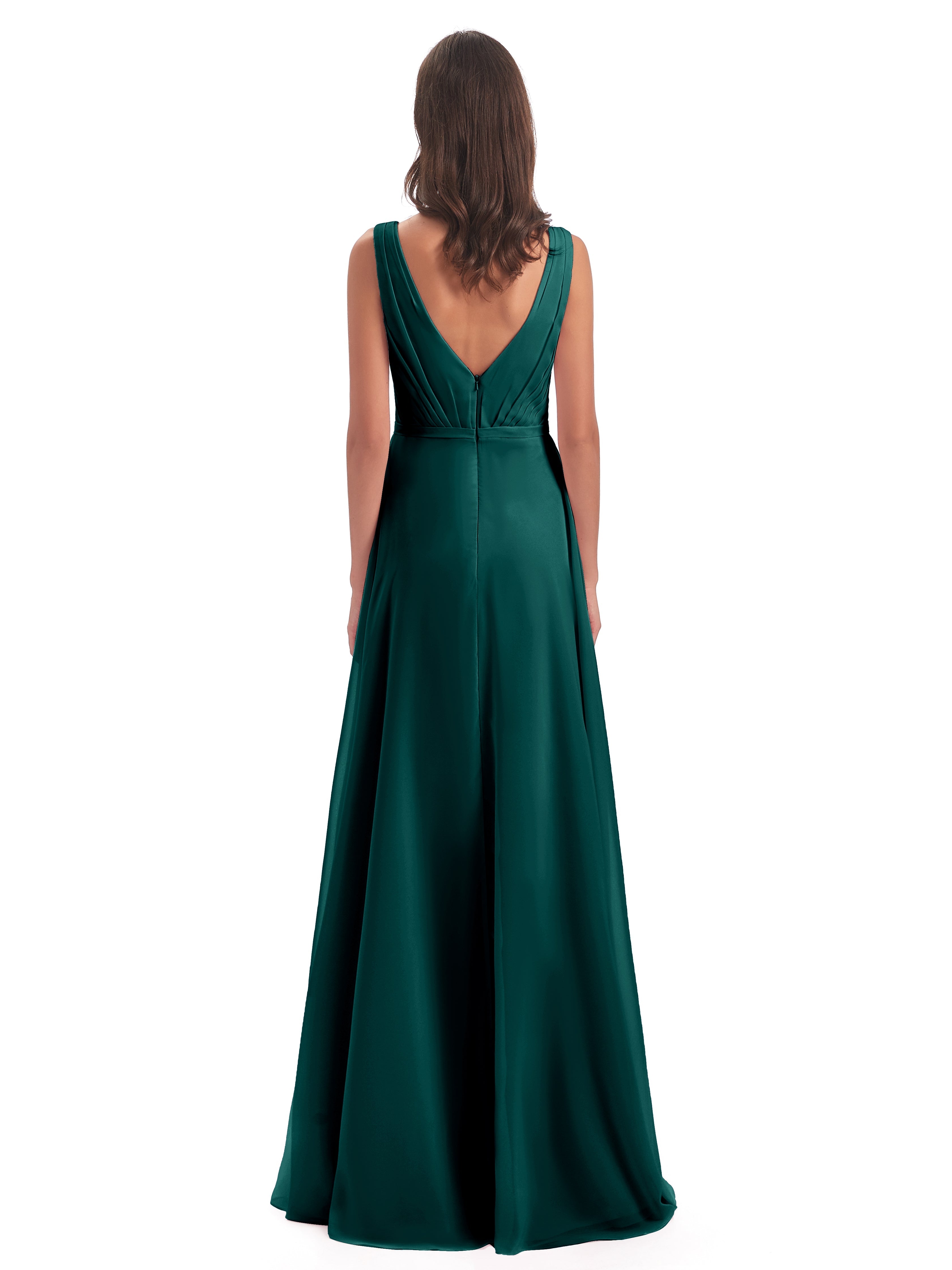 Robes De Demoiselle D'Honneur Bleu Paon Col V Mousseline Longue Robes Demoiselle D'Honneur