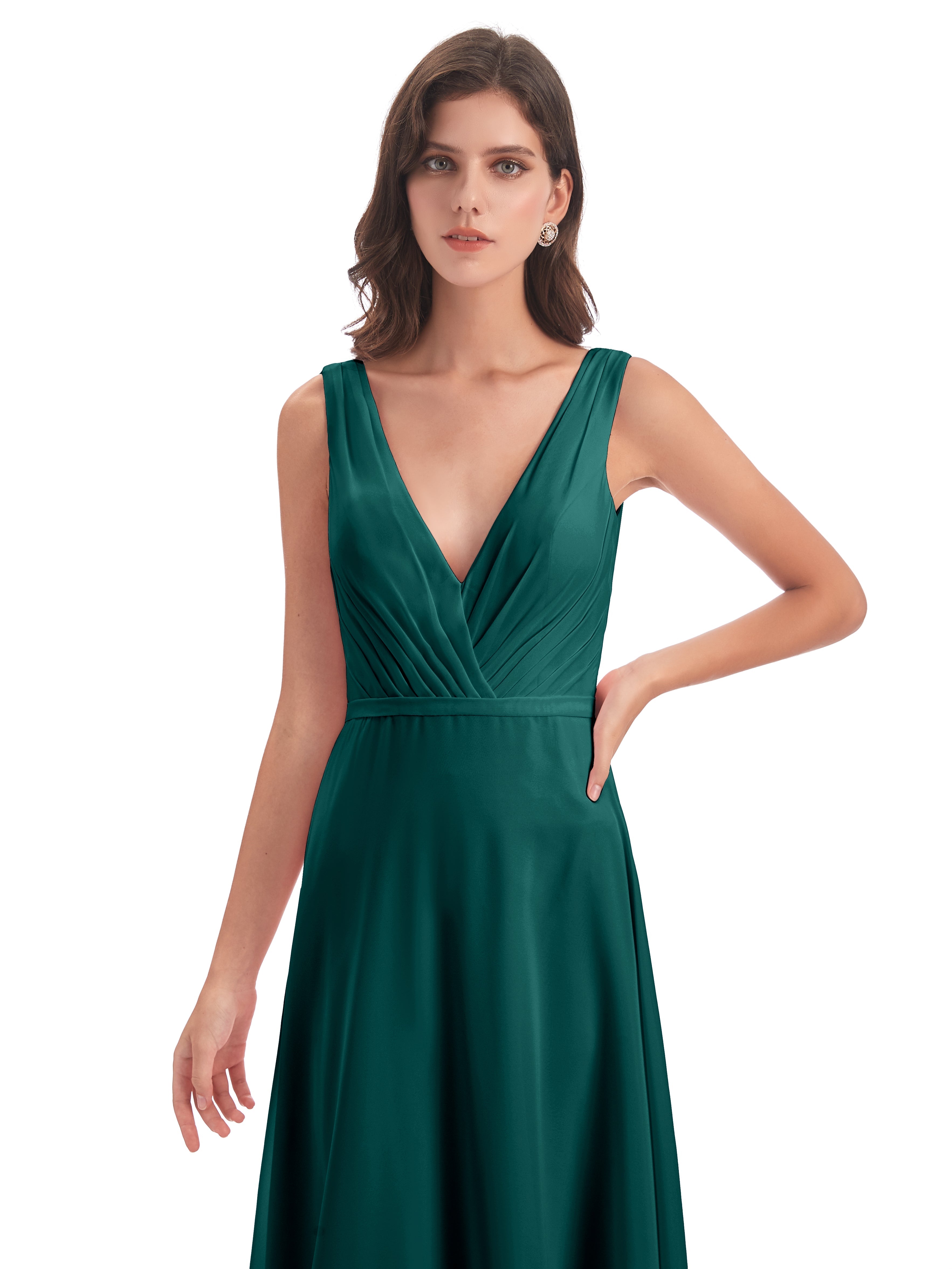 Robes De Demoiselle D'Honneur Bleu Paon Col V Mousseline Longue Robes Demoiselle D'Honneur
