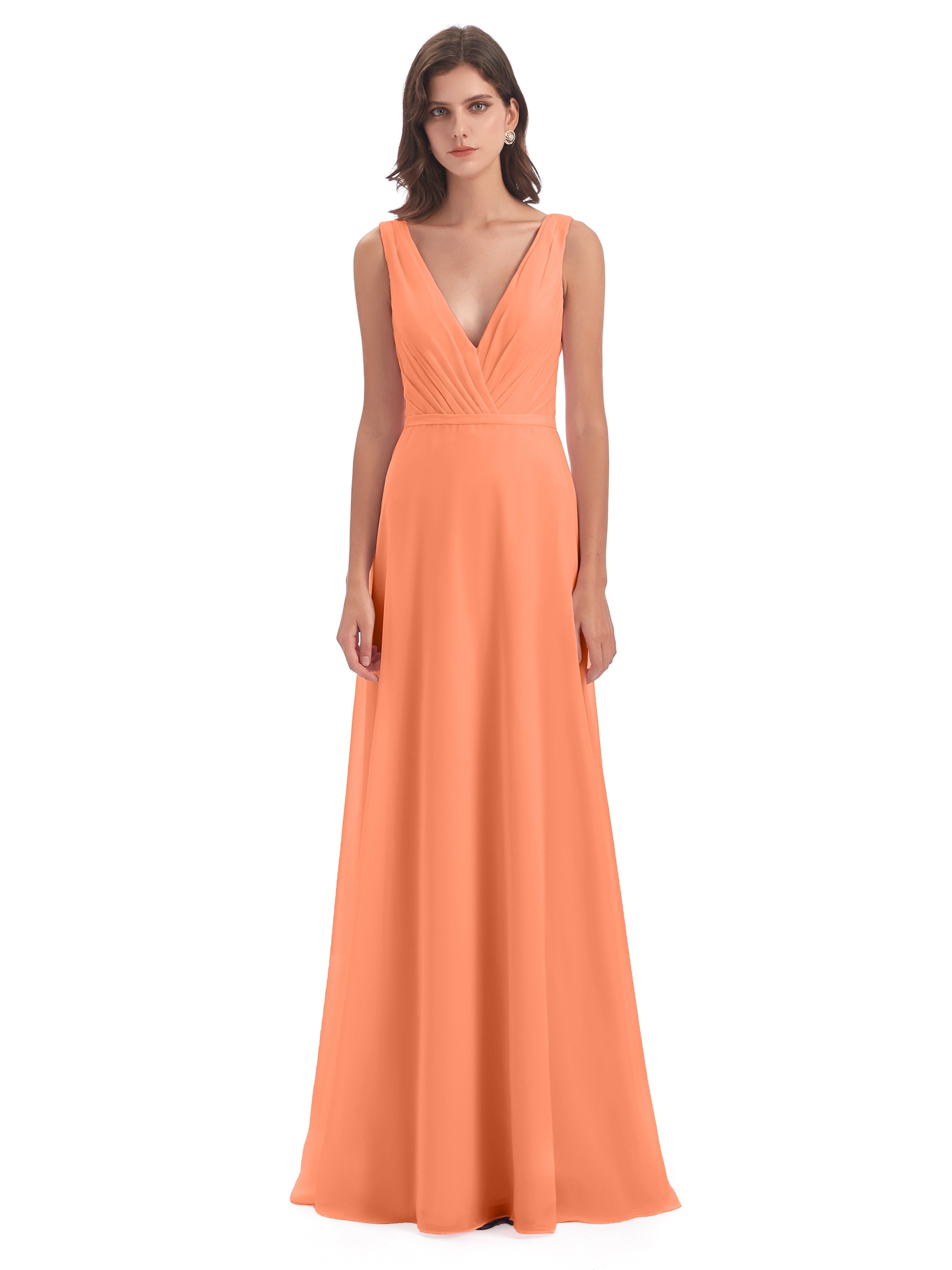 Robes De Demoiselle D'Honneur Papaye Col V Mousseline Longue Robes Demoiselle D'Honneur