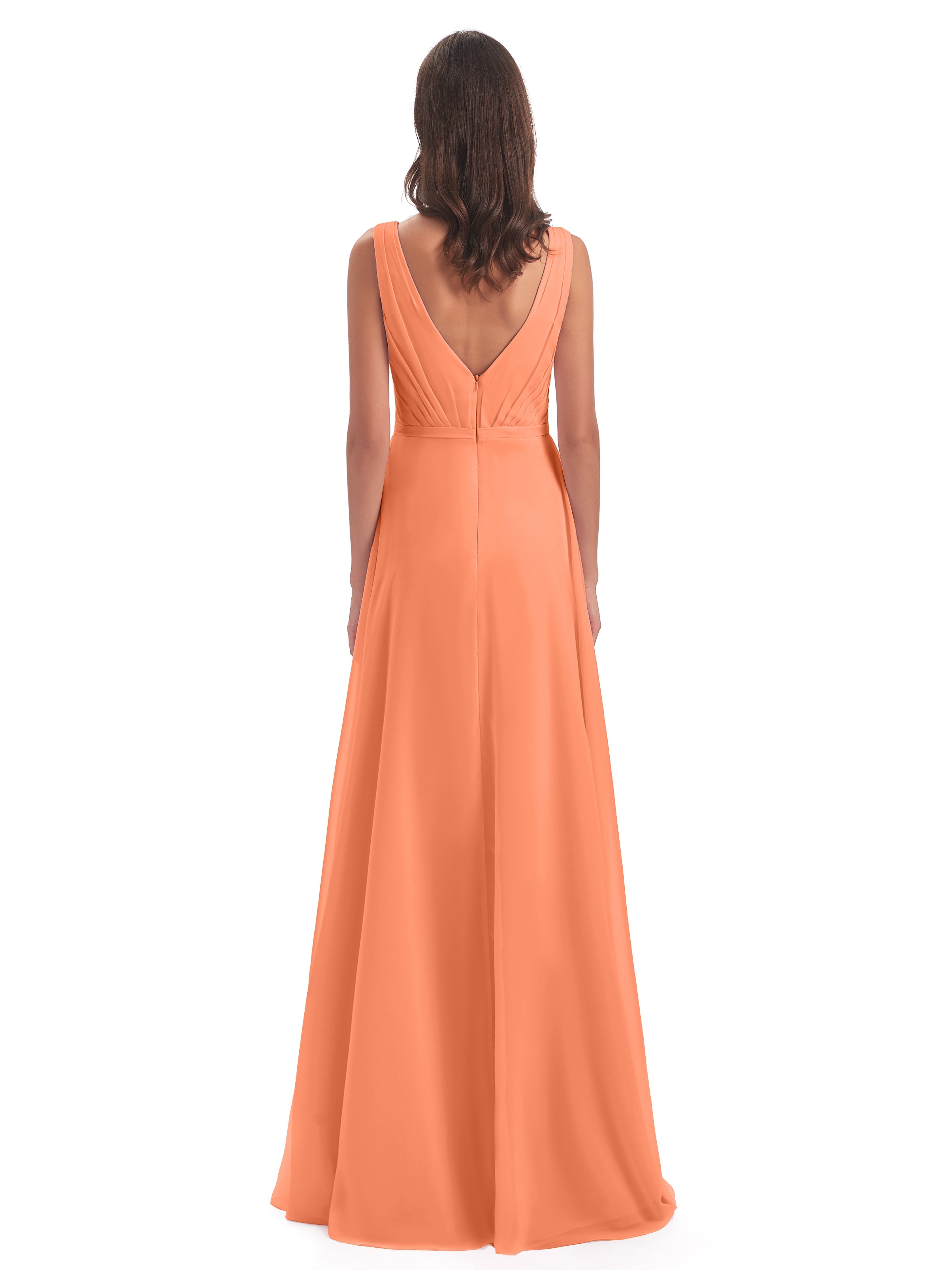 Robes De Demoiselle D'Honneur Papaye Col V Mousseline Longue Robes Demoiselle D'Honneur