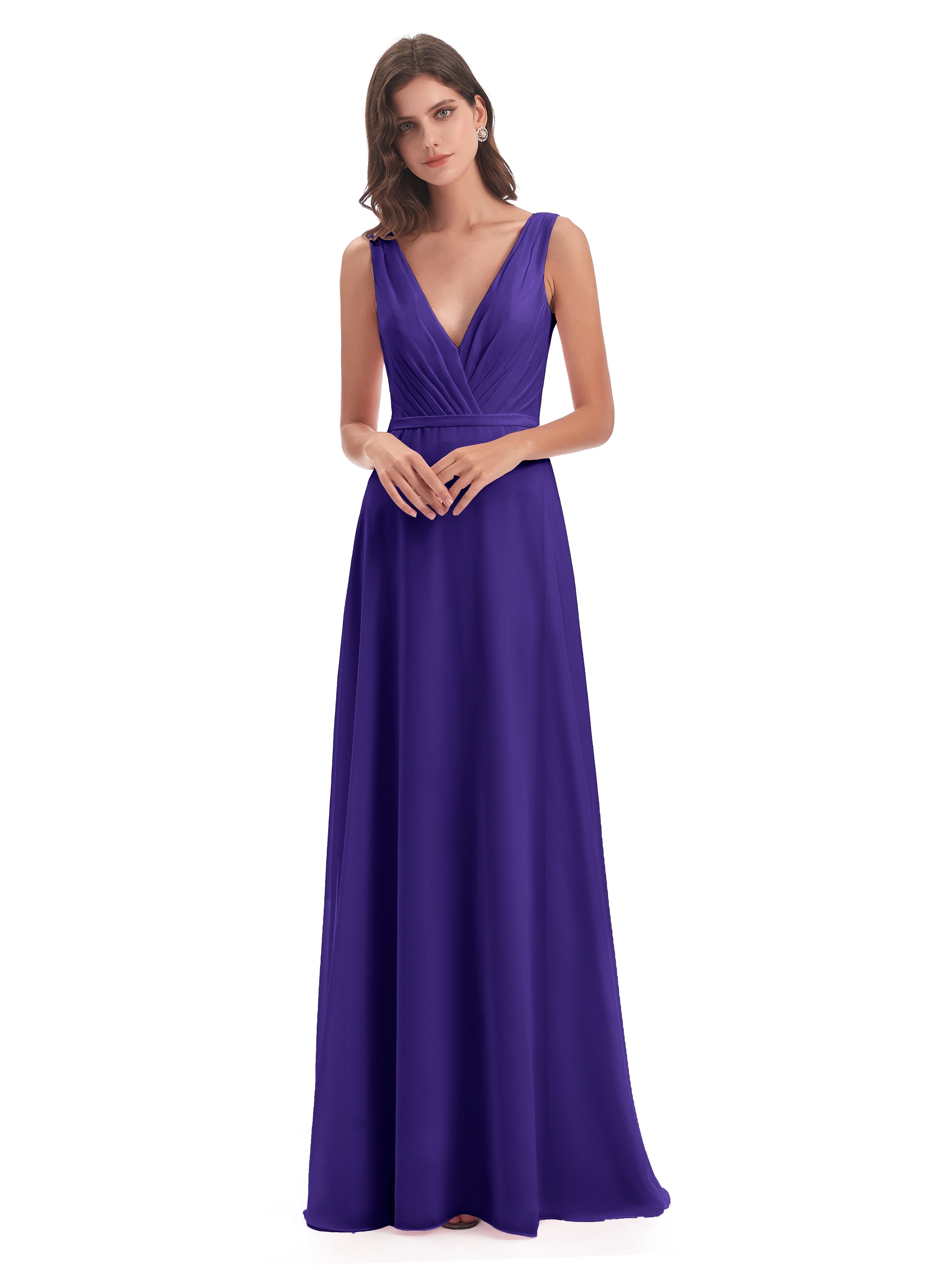 Robes De Demoiselle D'Honneur En Régence Col V Mousseline Longue Robes Demoiselle D'Honneur