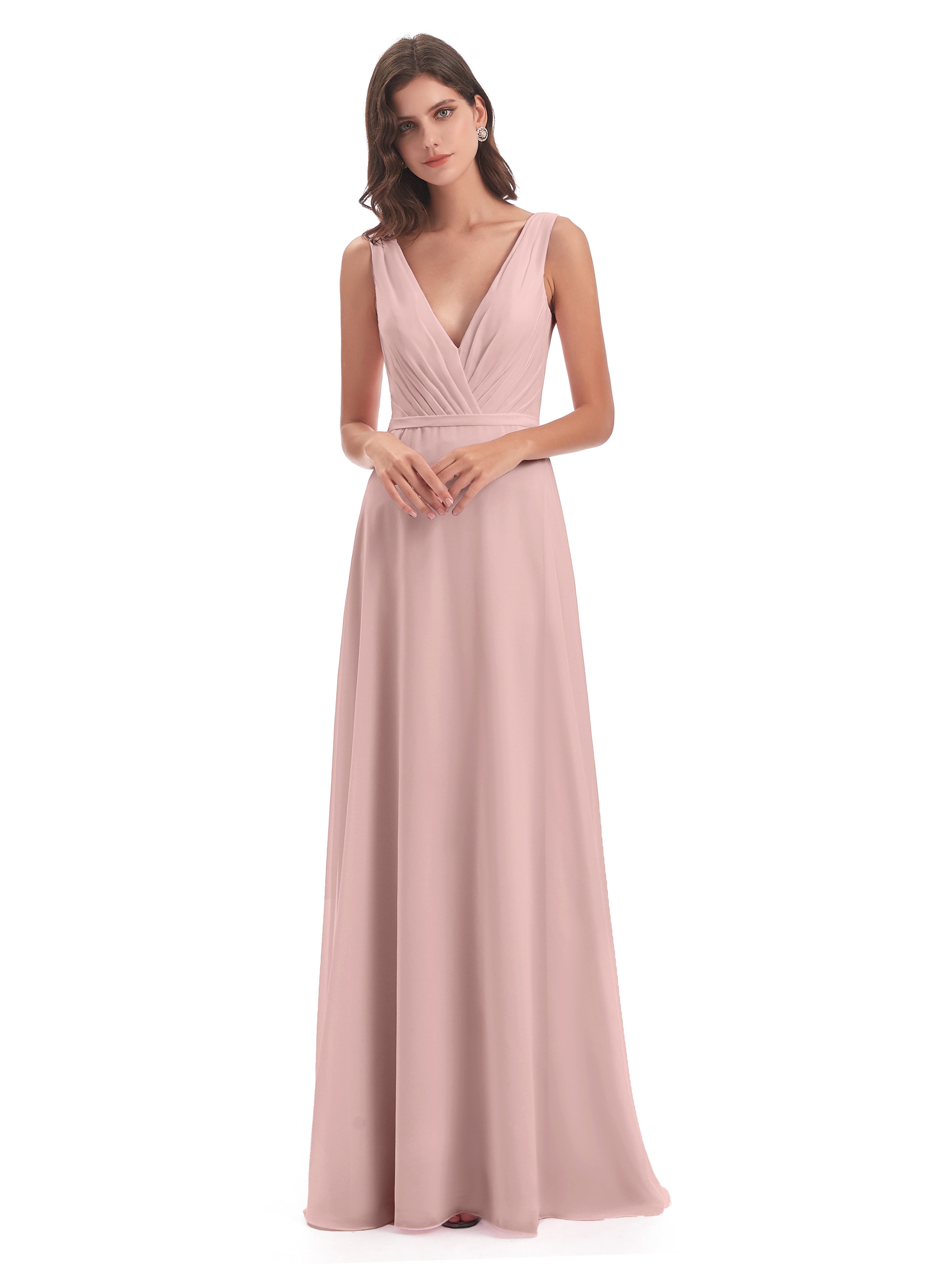 Robe Demoiselle D Honneur Rose Poudree Col V Mousseline Longue Robes Demoiselle D'Honneur