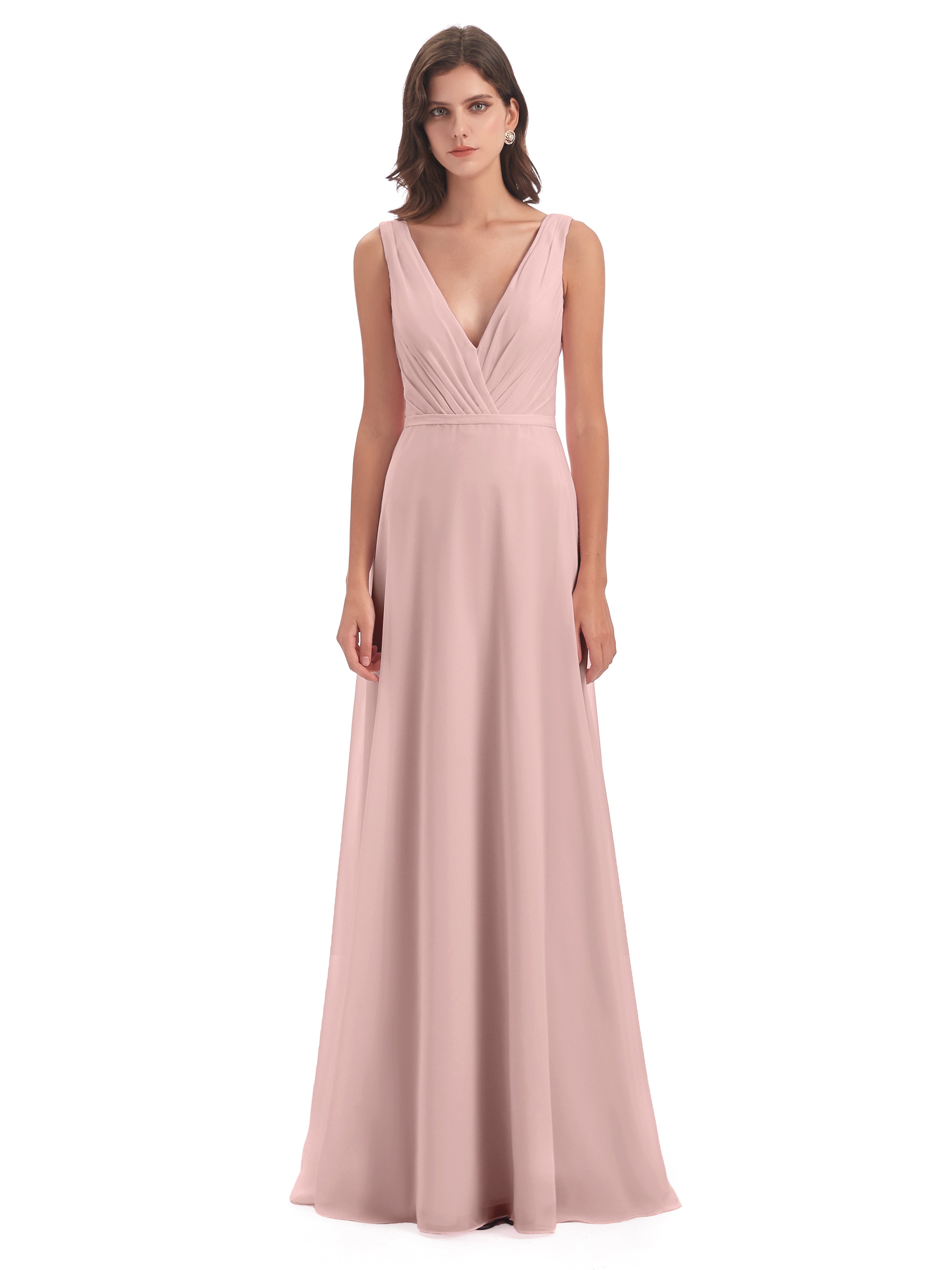 Robe Demoiselle D Honneur Rose Poudree Col V Mousseline Longue Robes Demoiselle D'Honneur