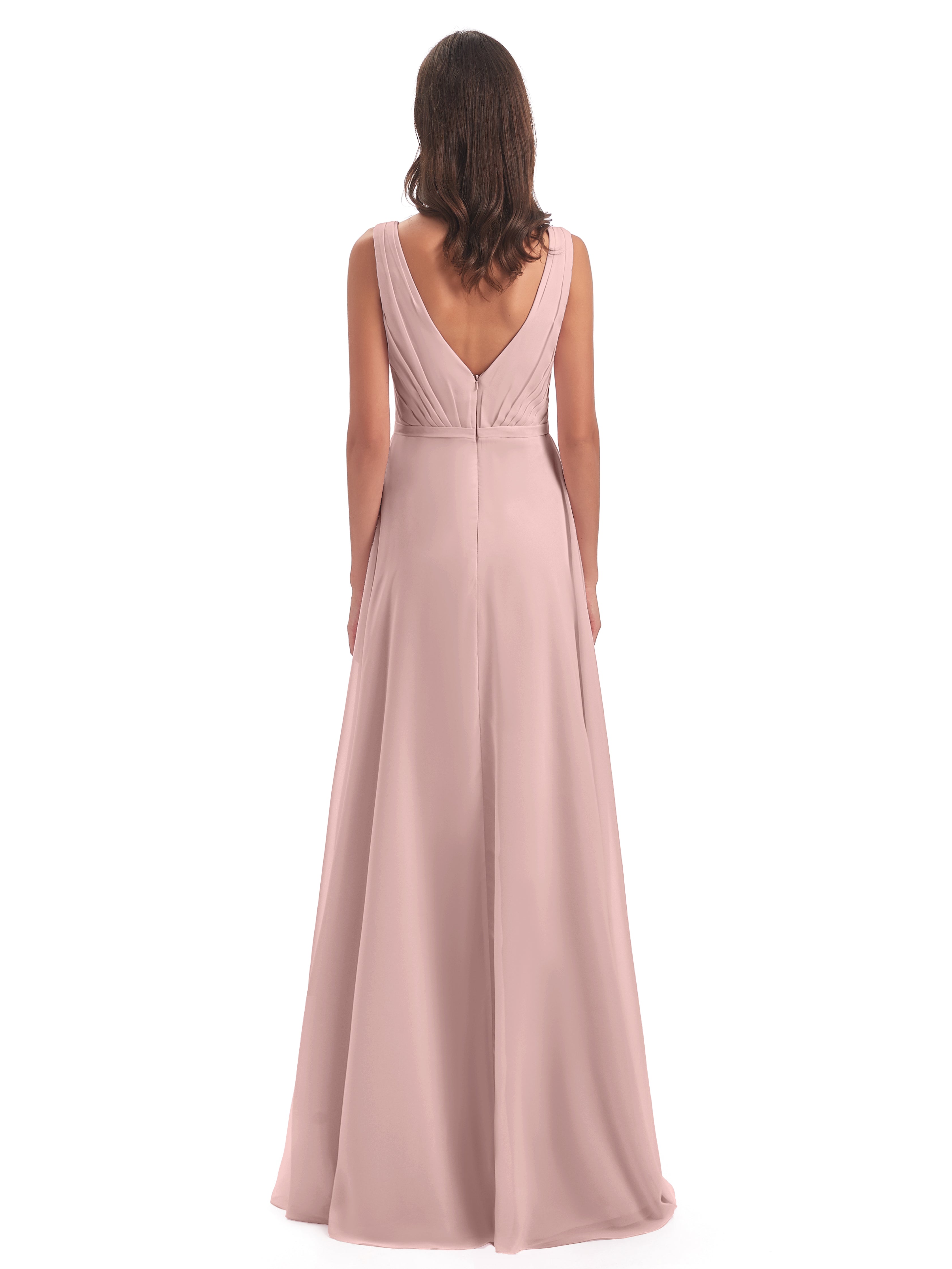 Robe Demoiselle D Honneur Rose Poudree Col V Mousseline Longue Robes Demoiselle D'Honneur