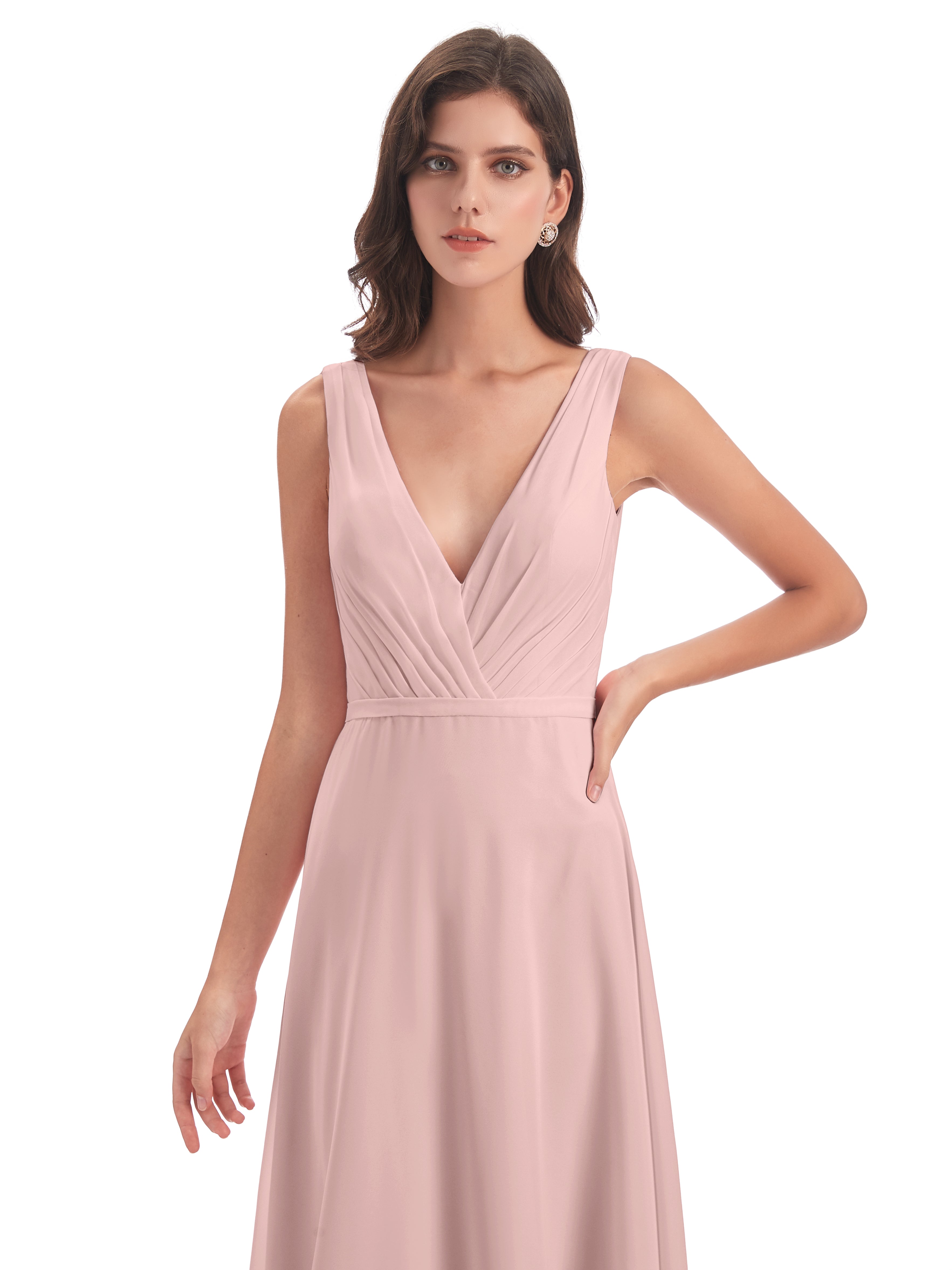 Robe Demoiselle D Honneur Rose Poudree Col V Mousseline Longue Robes Demoiselle D'Honneur