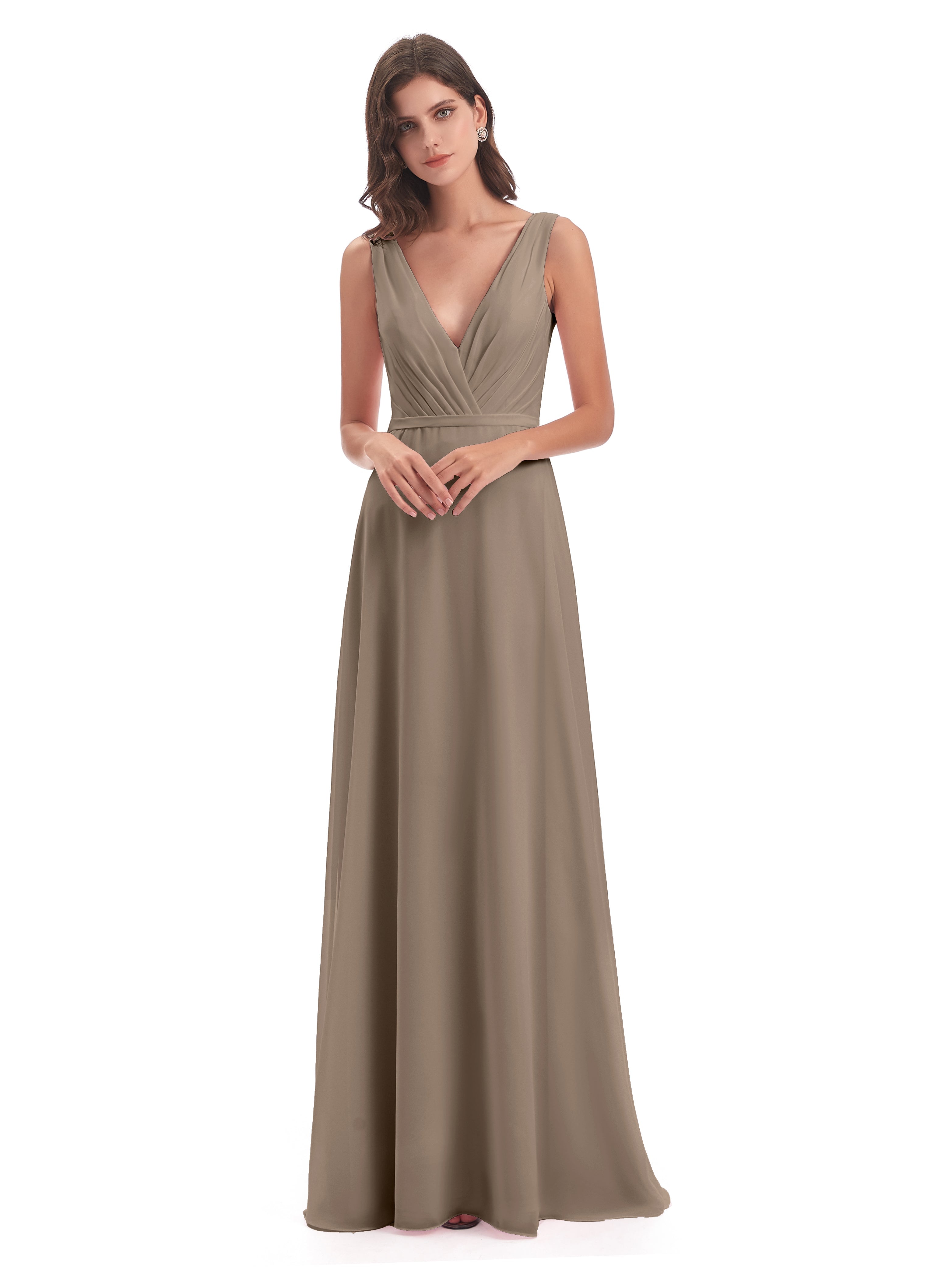 Robe De Couleur Taupe Col V Mousseline Longue Robes Demoiselle D'Honneur