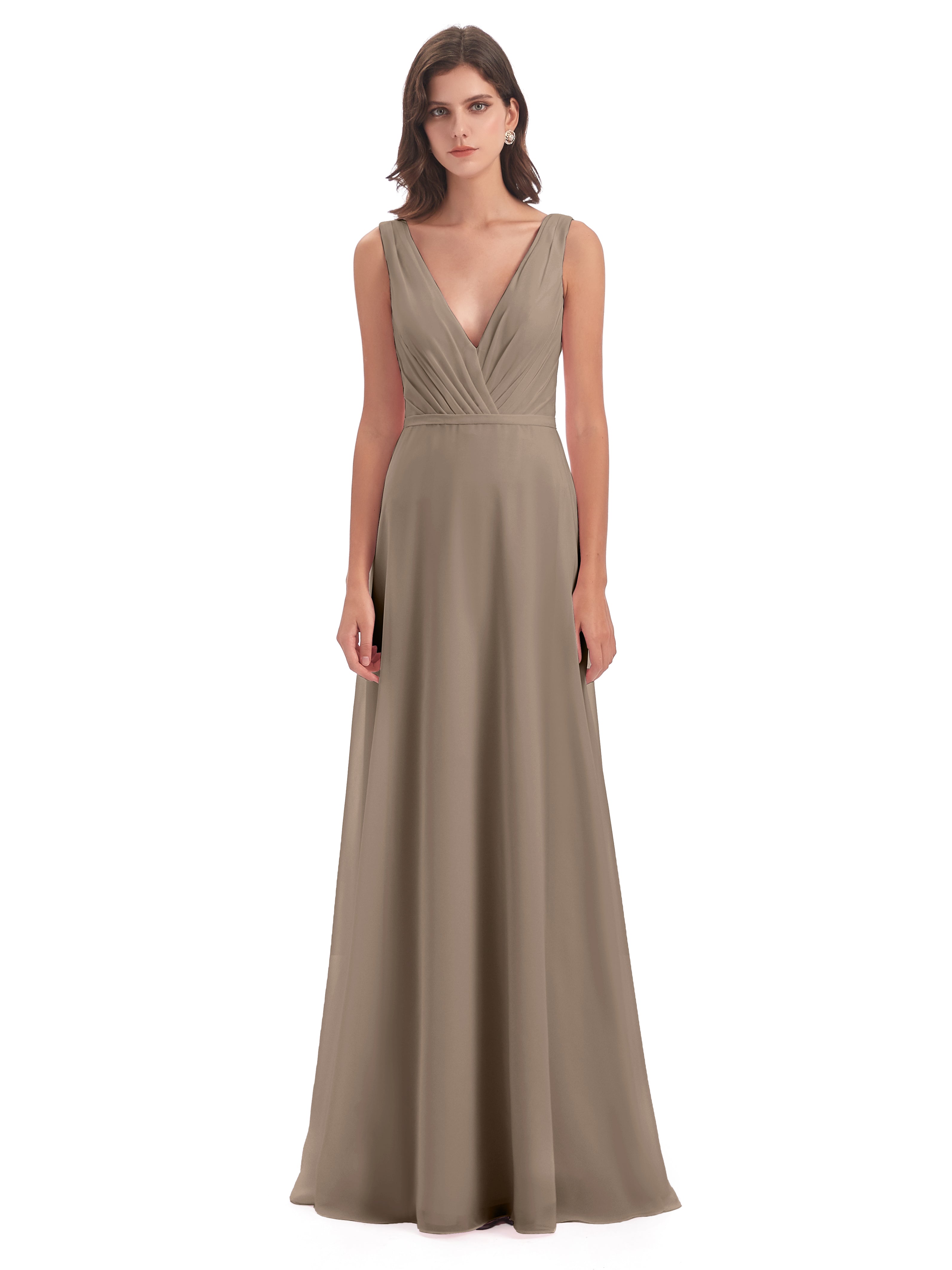 Robe De Couleur Taupe Col V Mousseline Longue Robes Demoiselle D'Honneur