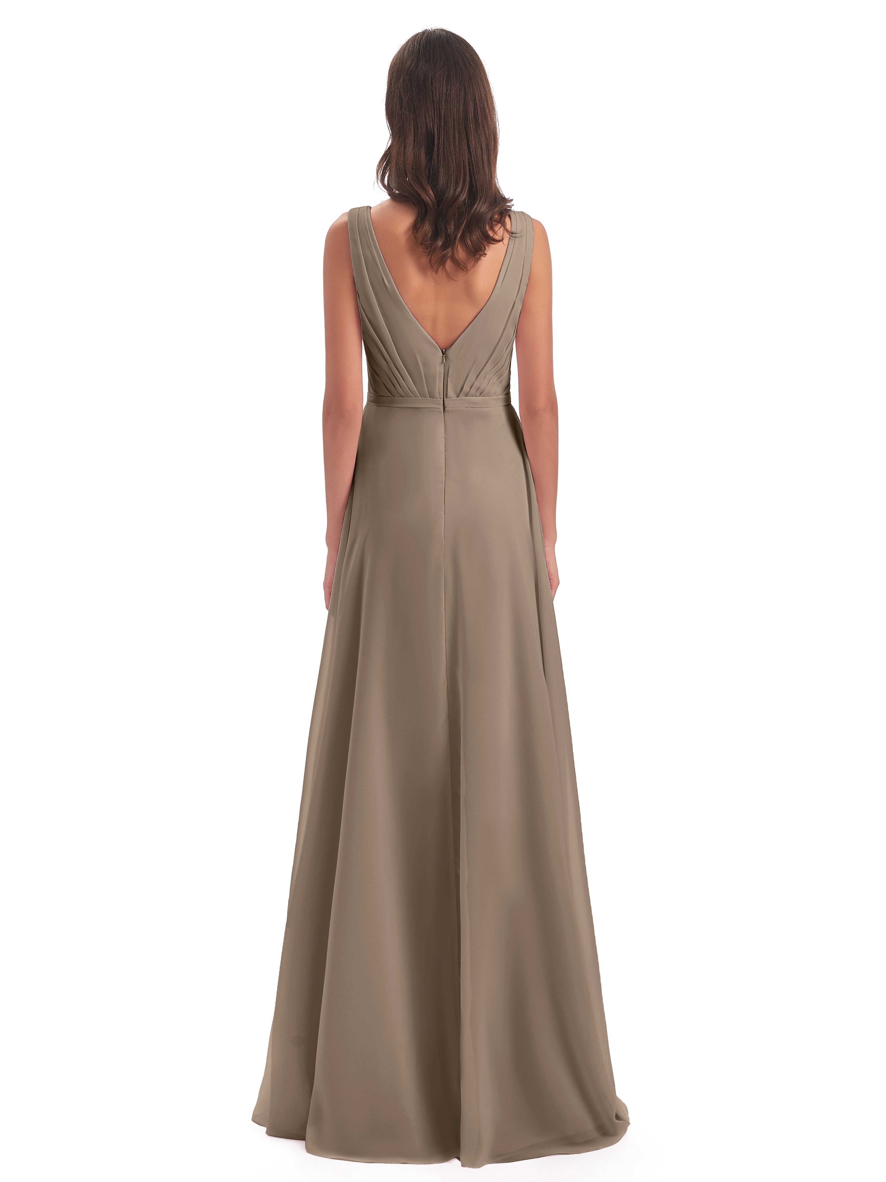 Robe De Couleur Taupe Col V Mousseline Longue Robes Demoiselle D'Honneur