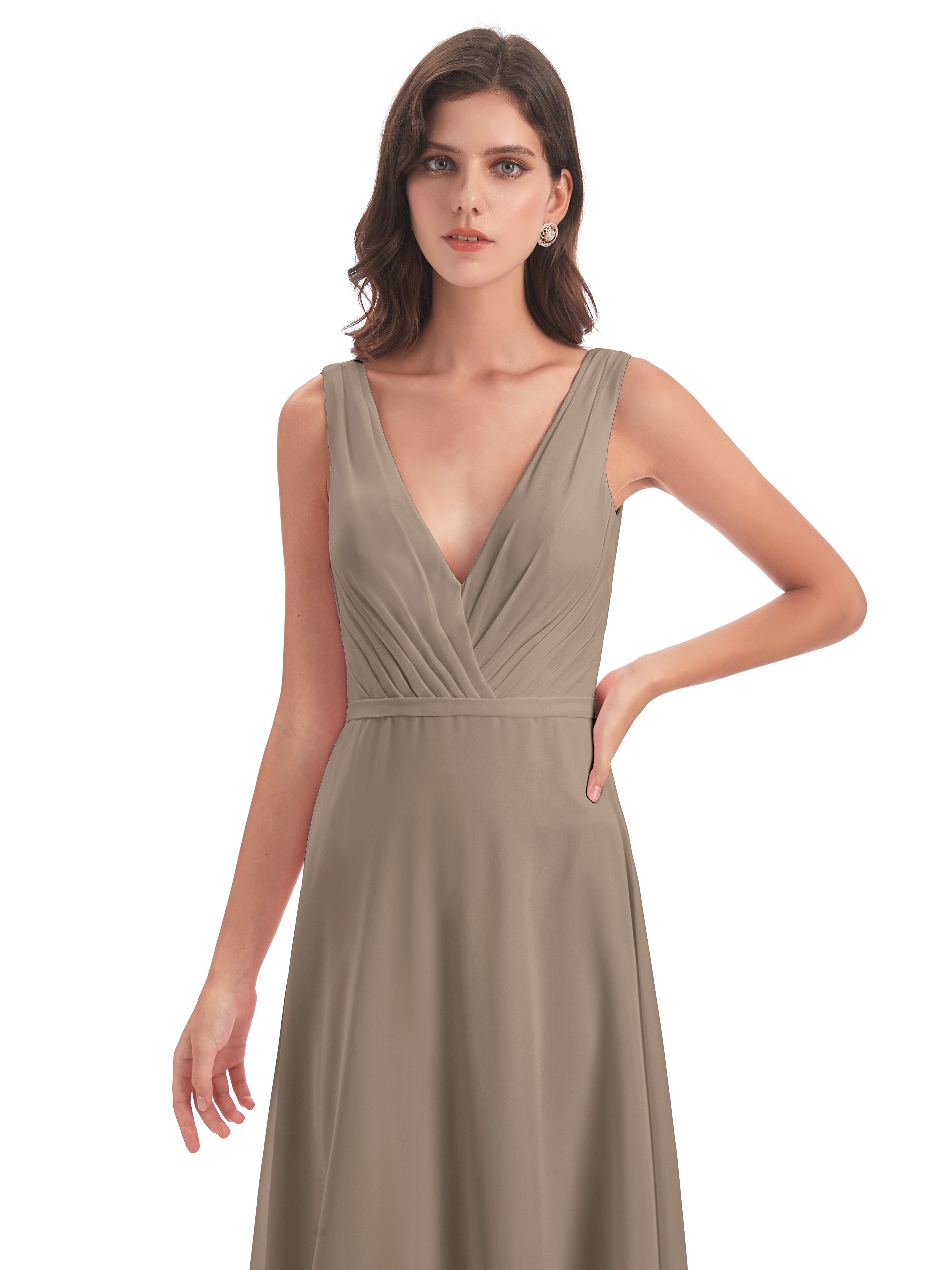 Robe De Couleur Taupe Col V Mousseline Longue Robes Demoiselle D'Honneur