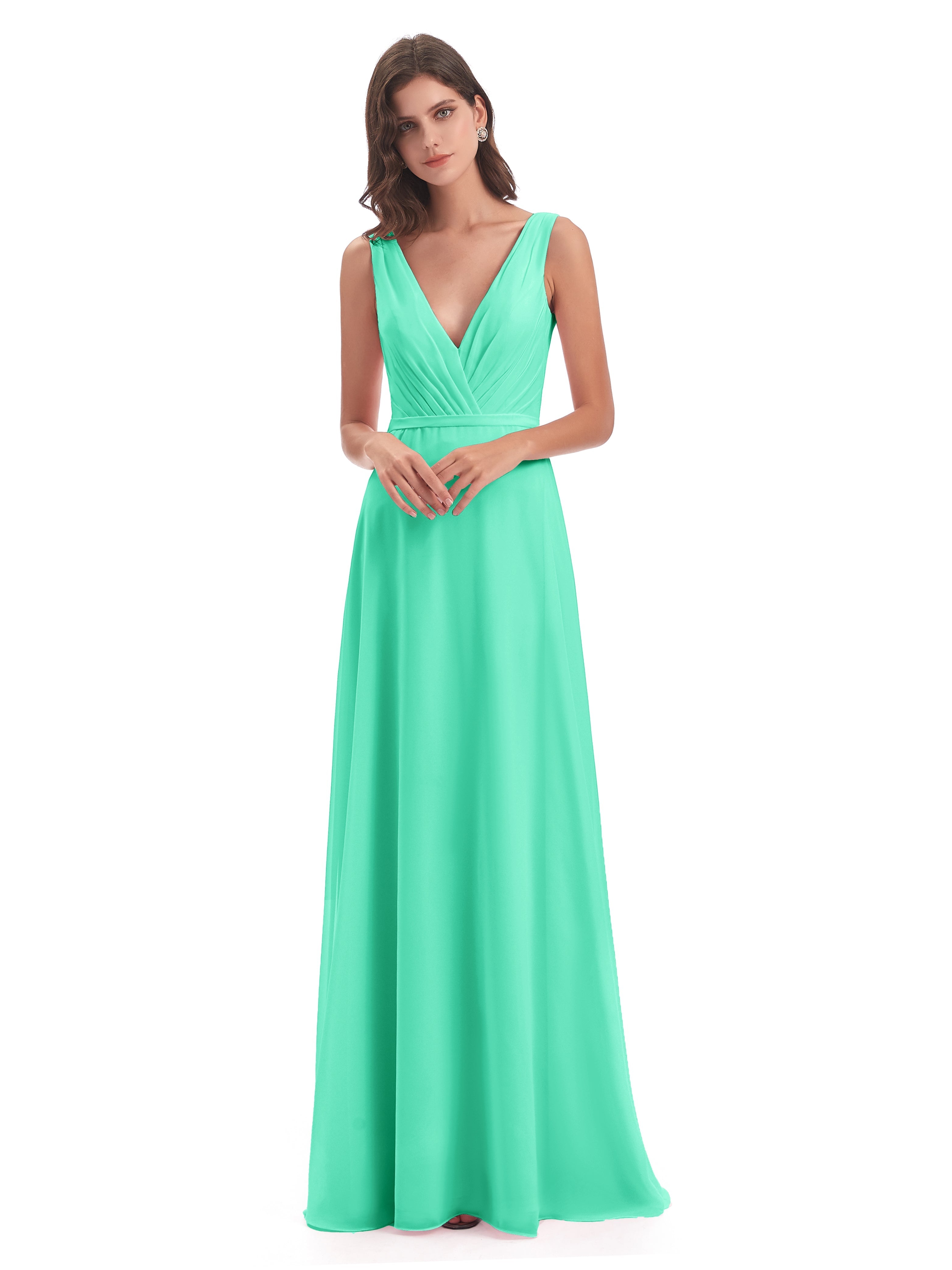 Robe Demoiselle D Honneur Bleu Turquoise Col V Mousseline Longue Robes Demoiselle D'Honneur