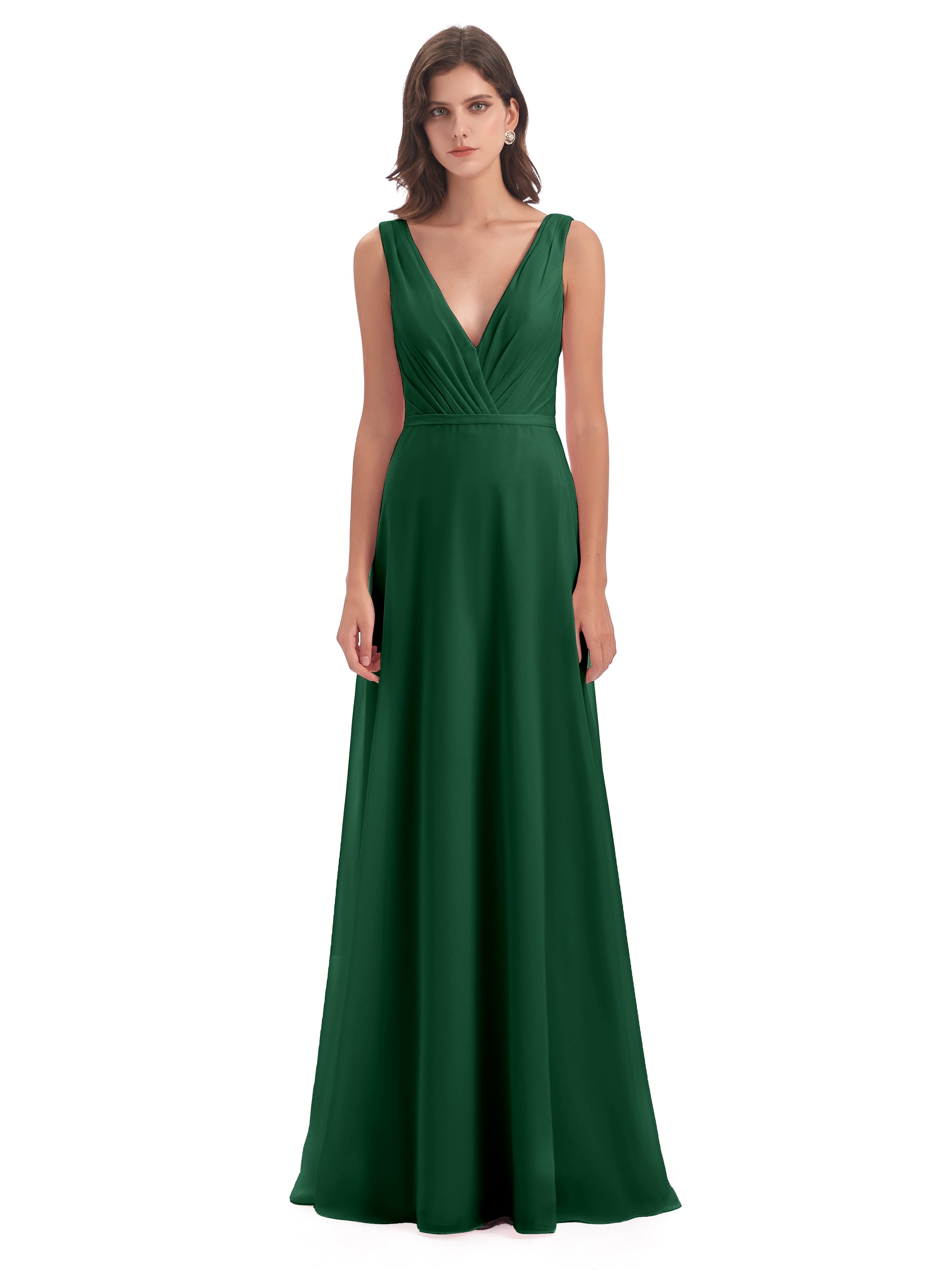 Robes De Demoiselle D'Honneur Vert Foncé Col V Mousseline Longue Robes Demoiselle D'Honneur