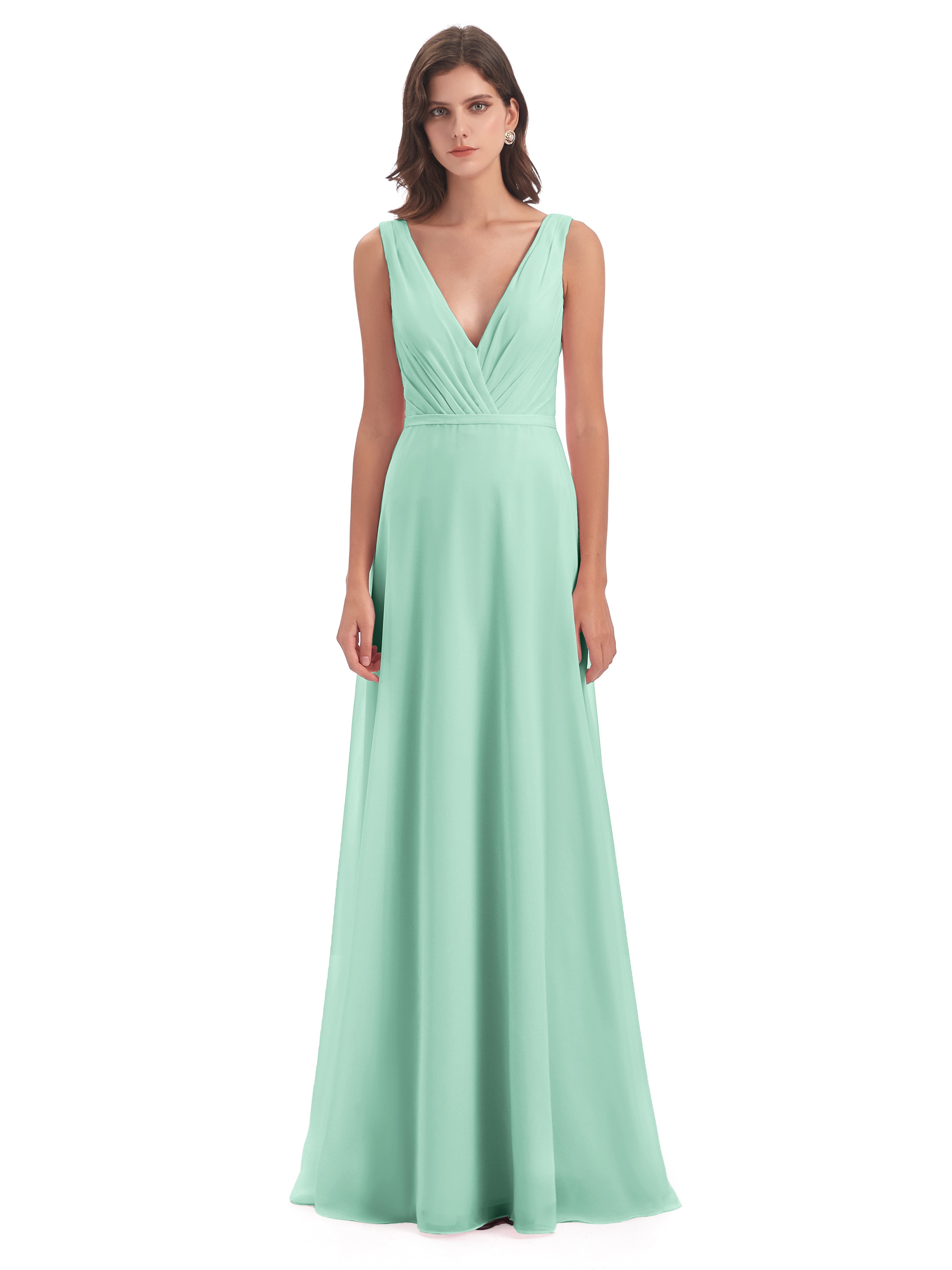 Robes De Demoiselle D'Honneur Vert Menthe Col V Mousseline Longue Robes Demoiselle D'Honneur