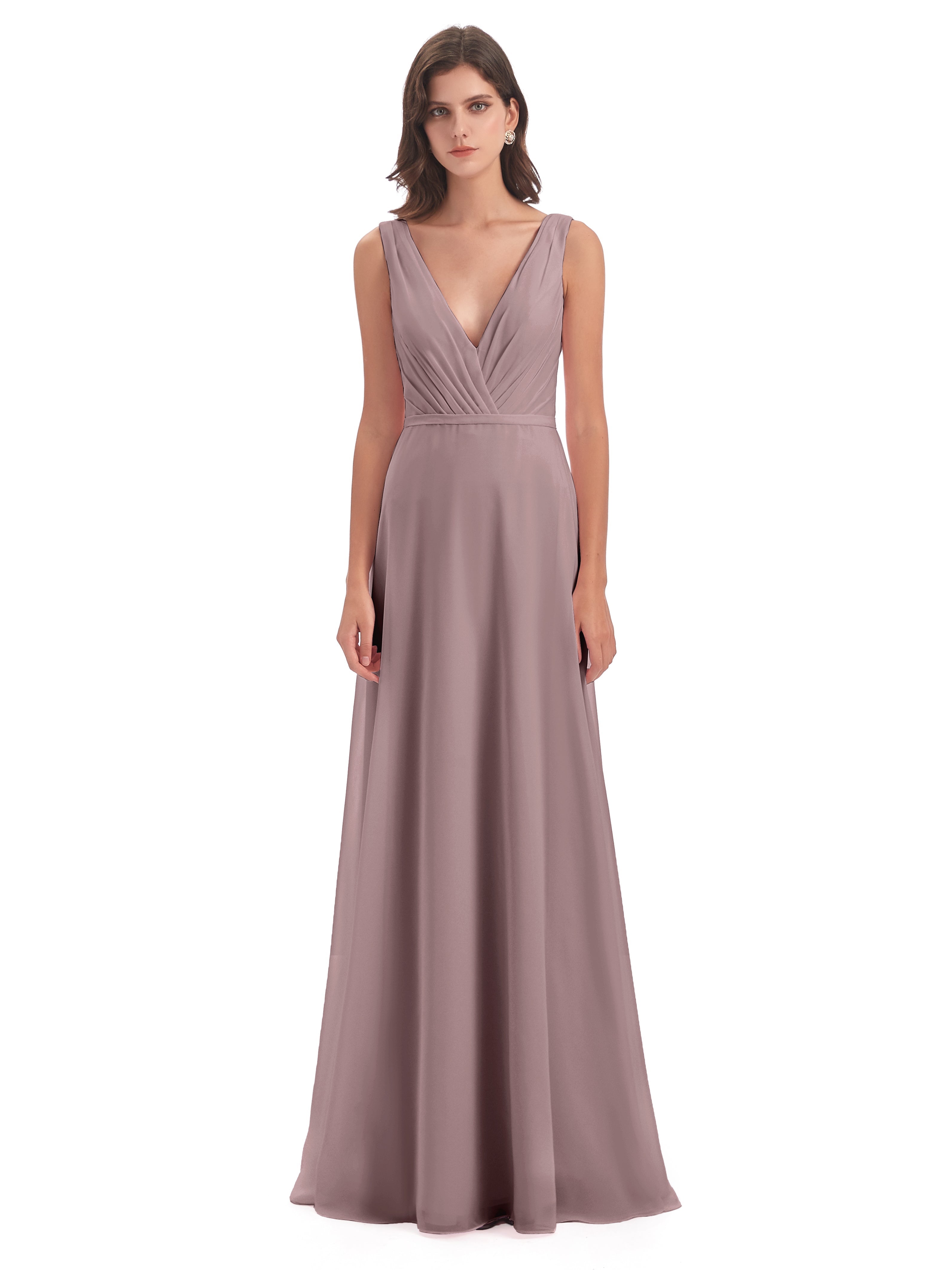 Robes De Demoiselle D'Honneur Vintage Mauve Col V Mousseline Longue Robes Demoiselle D'Honneur